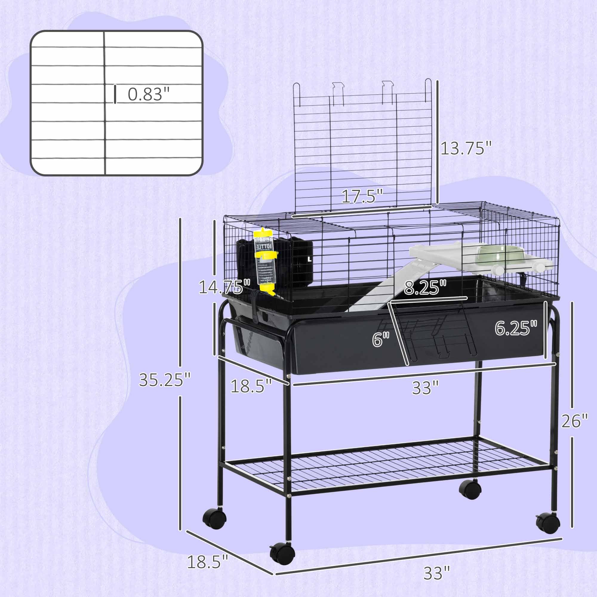 PawHut Two-Story Small Animal Cage Removable from Stand, Guinea Pig Cage, Hedgehog Cage, Chinchilla Cage, Ferret, with Shelf & Wheels, Pet Habitat, 33" x 18.5" x 35", Charcoal Gray