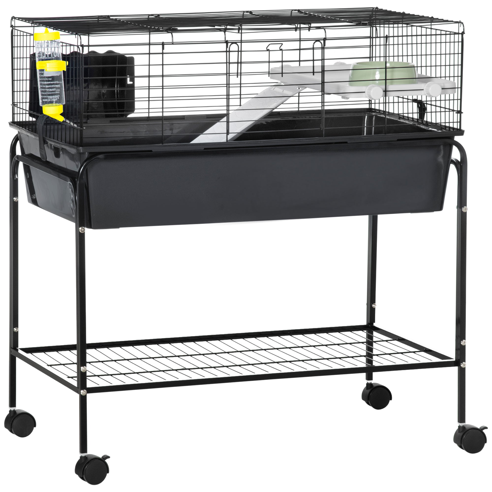 PawHut Two-Story Small Animal Cage Removable from Stand, Guinea Pig Cage, Hedgehog Cage, Chinchilla Cage, Ferret, with Shelf & Wheels, Pet Habitat, 33" x 18.5" x 35", Charcoal Gray