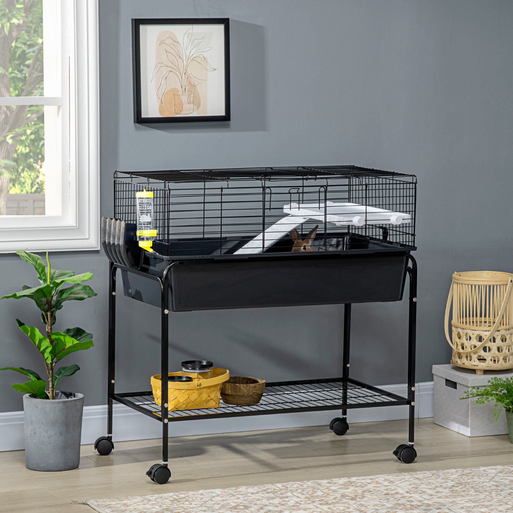 PawHut Two-Story Small Animal Cage Removable from Stand, Guinea Pig Cage, Hedgehog Cage, Chinchilla Cage, Ferret, with Shelf & Wheels, Pet Habitat, 33" x 18.5" x 35", Charcoal Gray