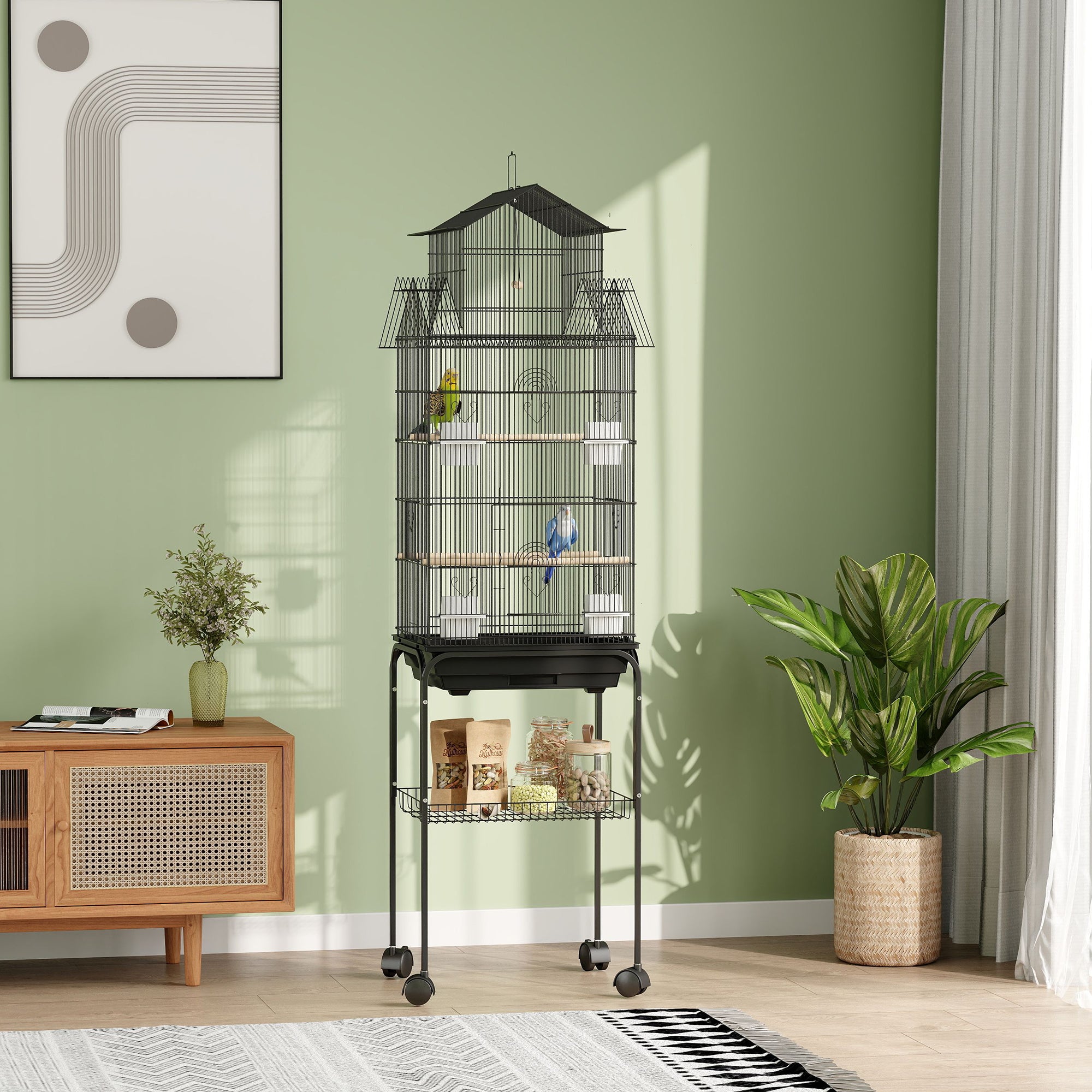 Bird Cage Budgie Cage with Stand Slide Tray Handle for Finch Canary 43 x 32.5 x 163cm Black