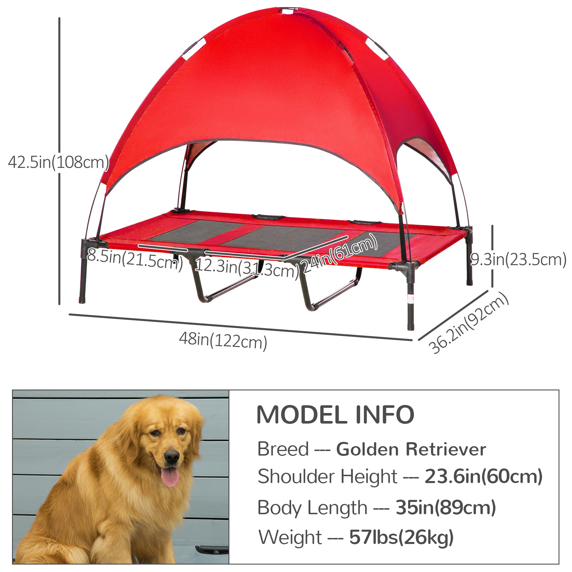 Elevated Dog Bed with Canopy, Portable Raised Dog Cot for XL Sized Dogs, Indoor & Outdoor, 48" x 36" x 43", Red