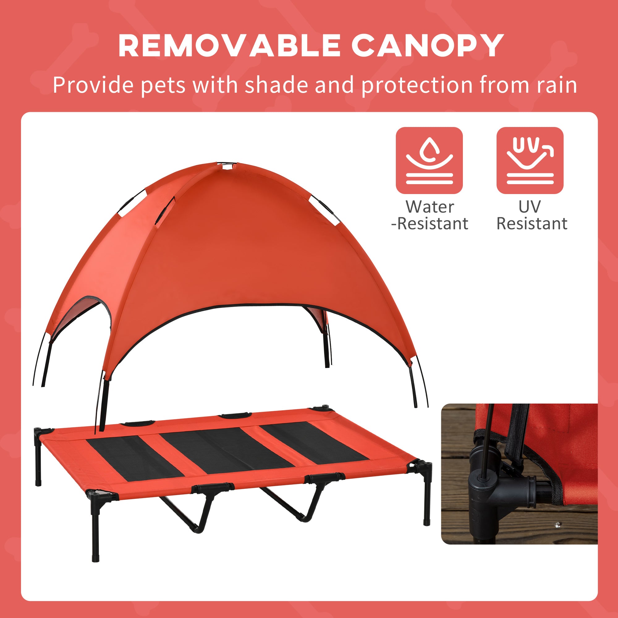 Elevated Dog Bed with Canopy, Portable Raised Dog Cot for XL Sized Dogs, Indoor & Outdoor, 48" x 36" x 43", Red