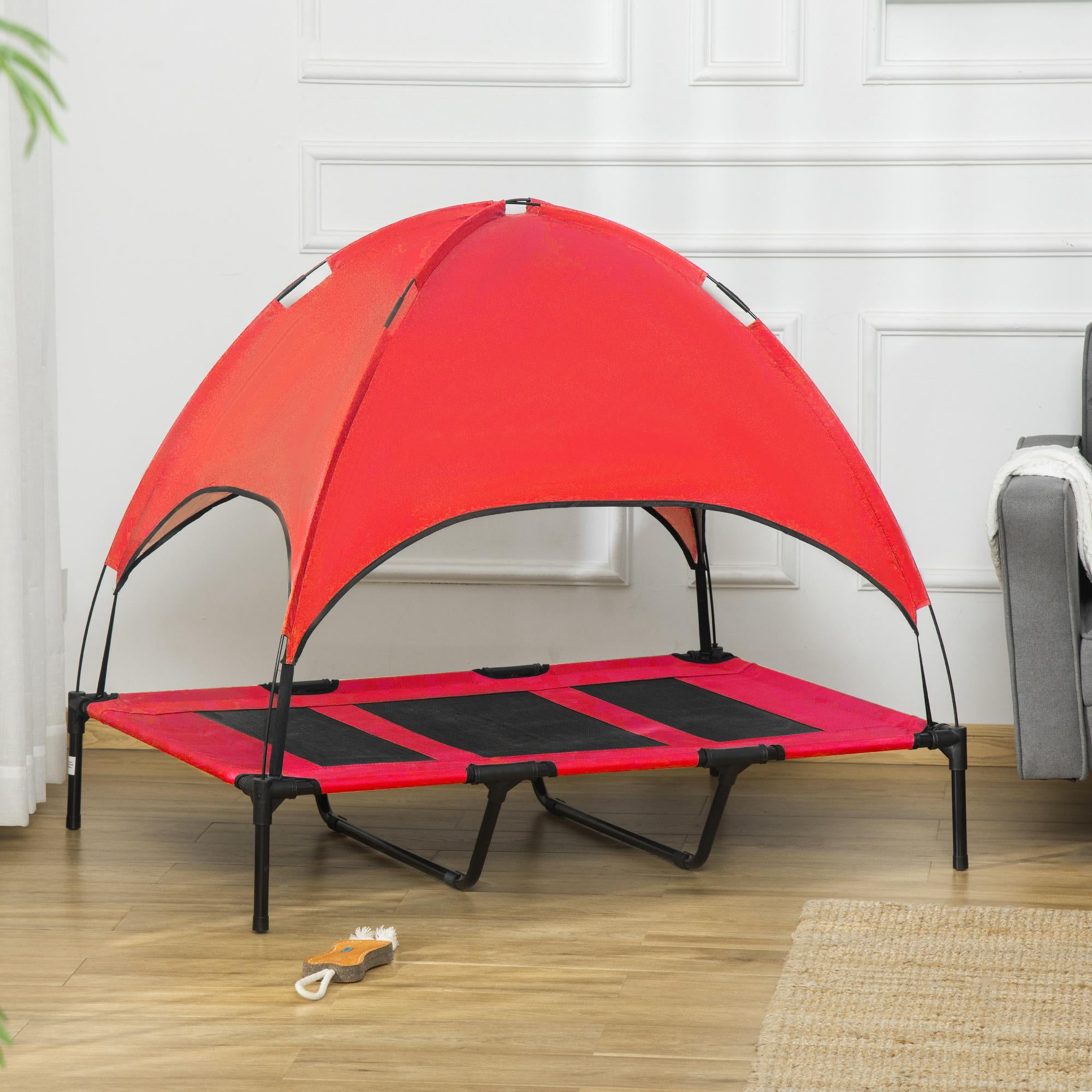 Elevated Dog Bed with Canopy, Portable Raised Dog Cot for XL Sized Dogs, Indoor & Outdoor, 48" x 36" x 43", Red