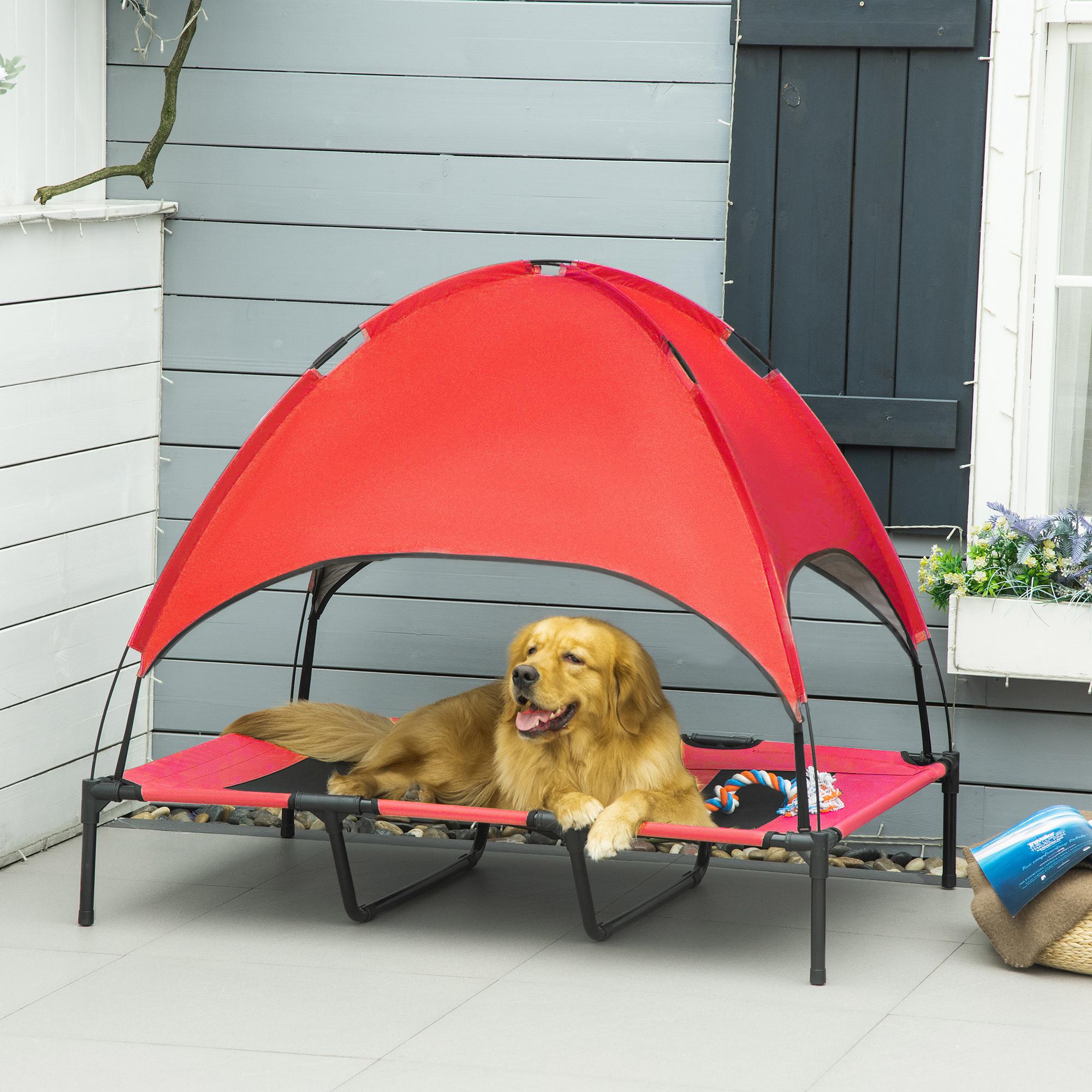 Elevated Dog Bed with Canopy, Portable Raised Dog Cot for XL Sized Dogs, Indoor & Outdoor, 48" x 36" x 43", Red