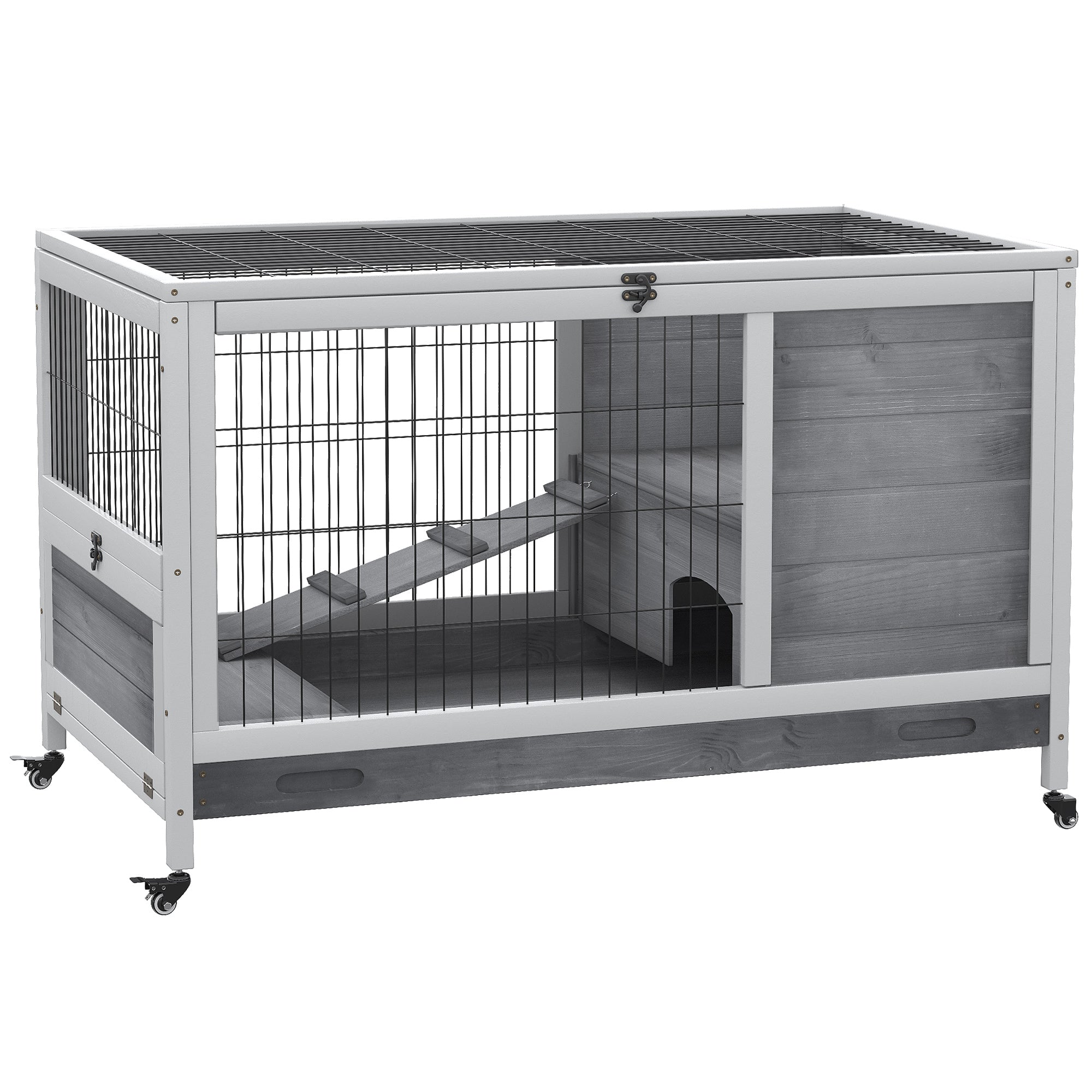 Wooden Rabbit Hutch Indoor Outdoor, Elevated Bunny Cage with No Leak Tray Enclosed Run with Wheels, for Rabbits, Chickens, Ducks, Guinea Pigs and Small Animals, Gray