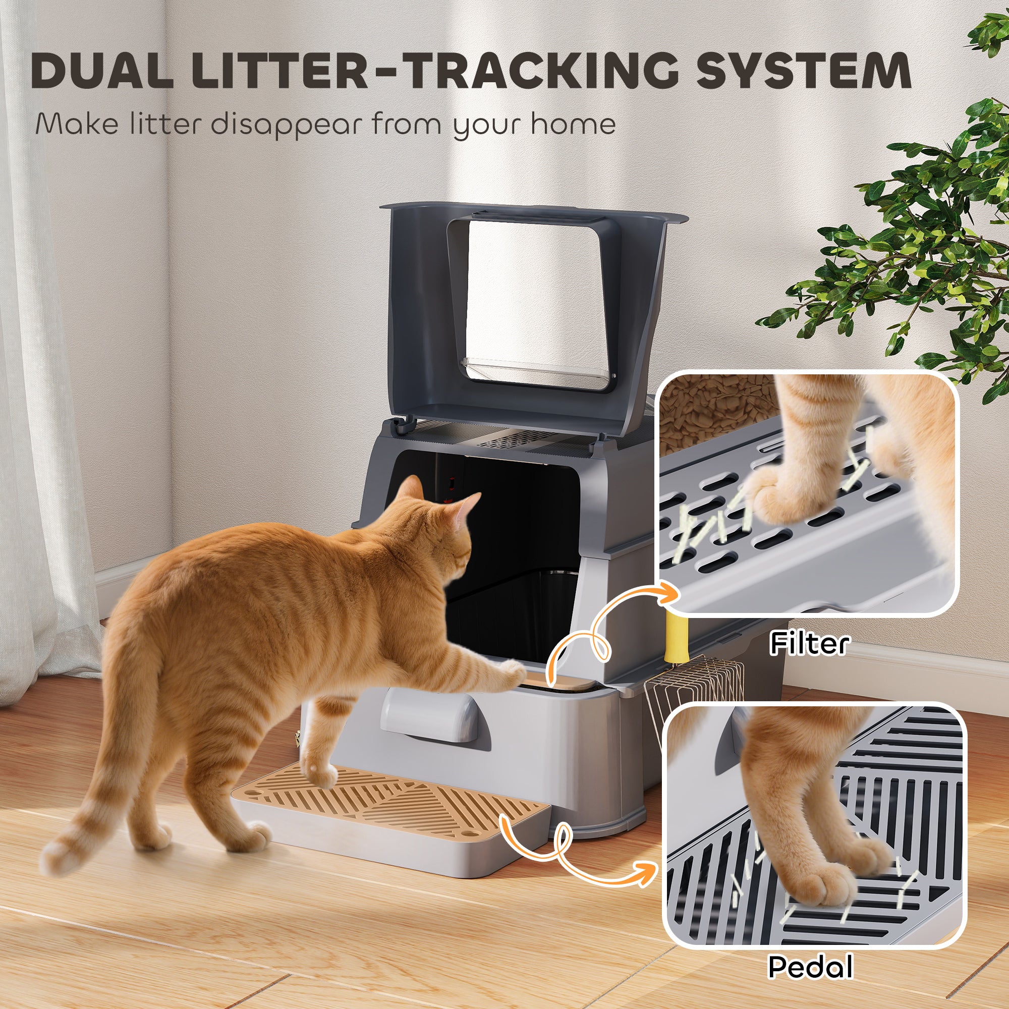 80L Stainless Steel Cat Litter Box with Lid, XL Metal Litter Box for Big Cats with 180° Flip Cover, Pull-Out Drawer Tray, High Sided, Pedal, Metal Scoop, Dark Grey