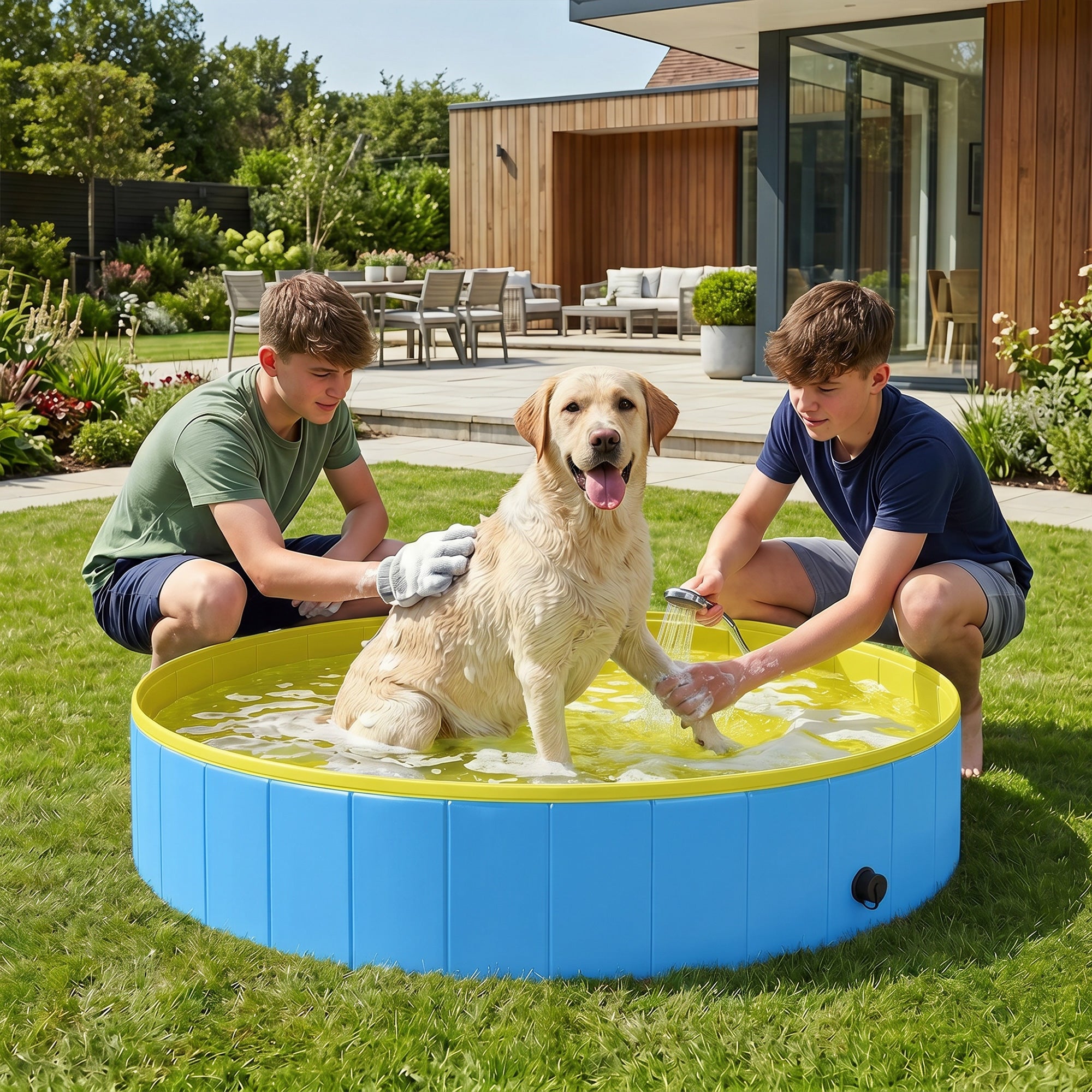 Foldable Dog Pool for Puppies and Ducks, Thickened PVC Dog Paddling Pool Bath Tub Hard Board, Anti-Slip Bottom and Hose Adapter for Easy Drainage, 160 x 30cm, Blue and Yellow