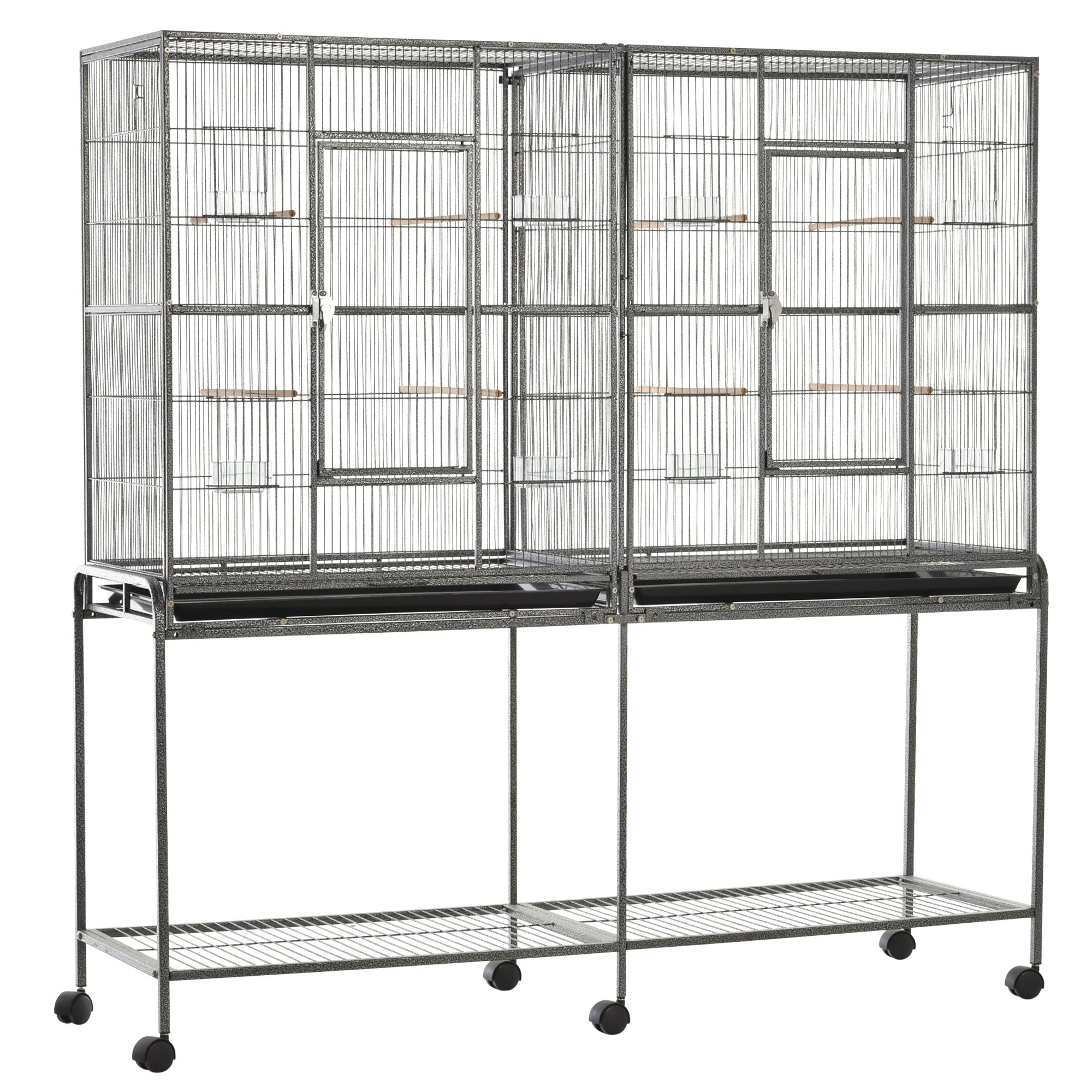 65" Double Rolling Metal Bird Cage with Divider, Large Parrot Cage for Parakeet, Canaries, Lovebirds, Budgie, Finch, with Detachable Rolling Stand, Storage Shelf, Wood Perch & Food Container
