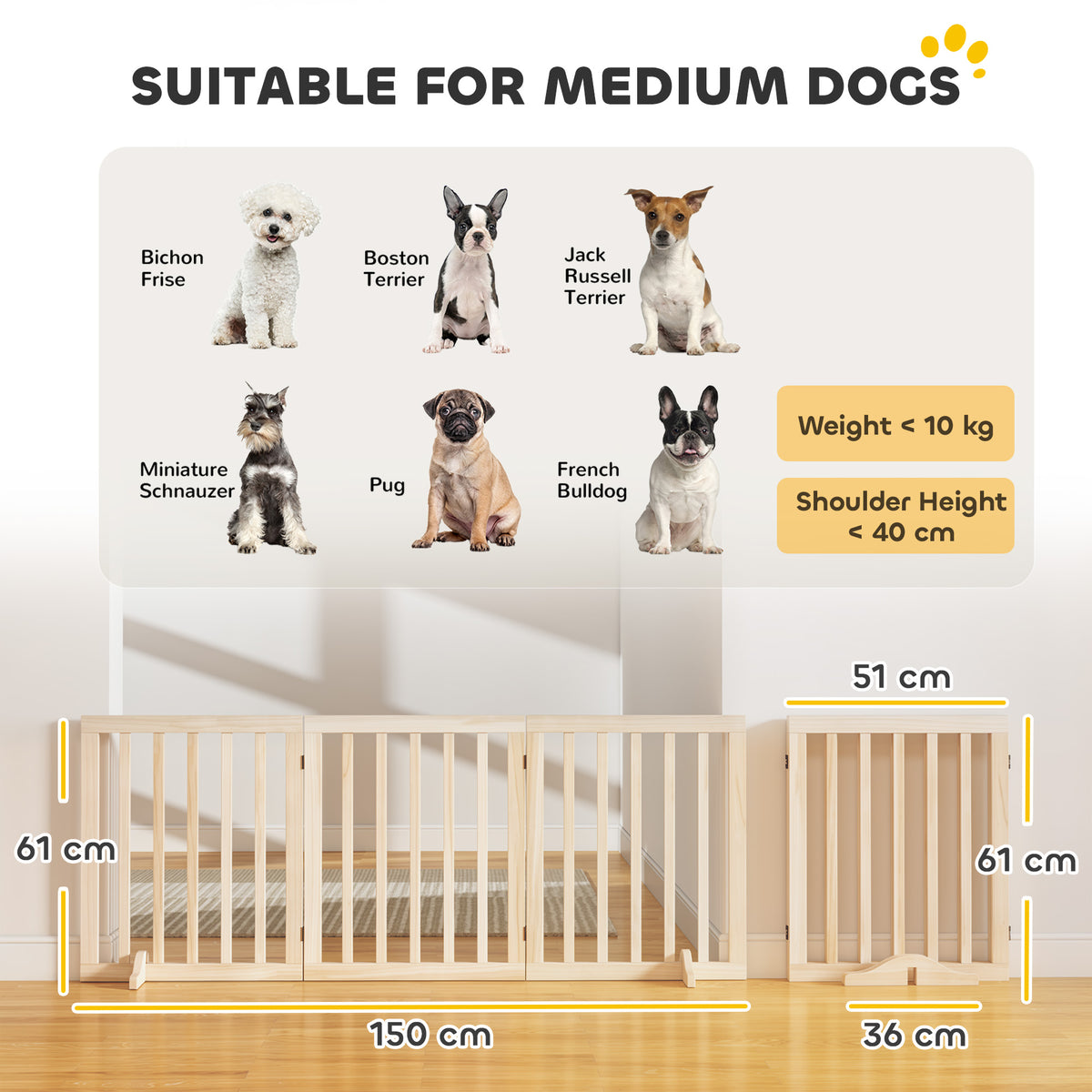 Wooden Dog Gate, 3-Panel Freestanding Pet Gates Indoor with 2 Support Feet and 360° Flexible Hinges, Foldable Dog Barrier for Stairs, Doorways, Bedrooms, 61H cm, Natural