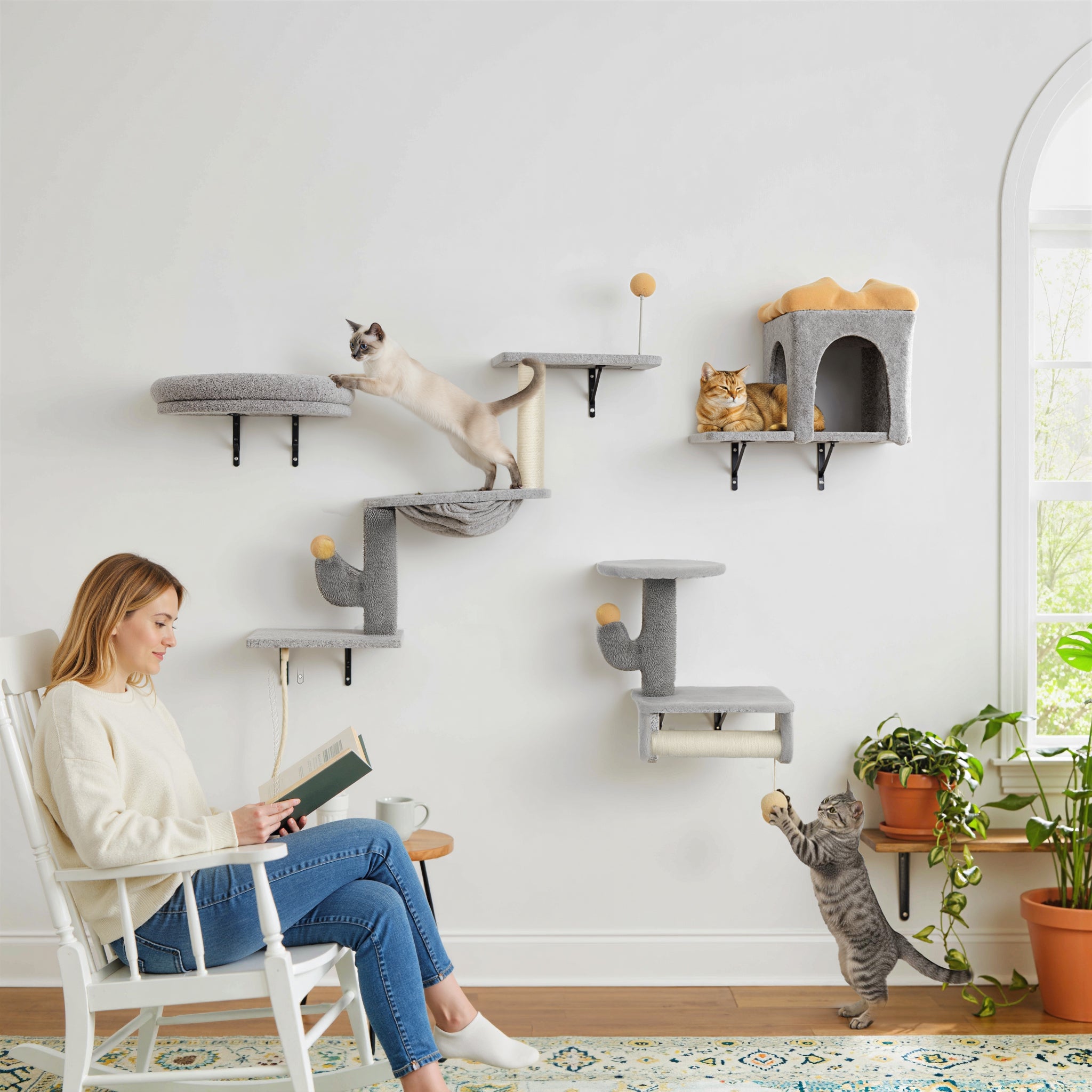 Cat Wall Shelves, 4 Pcs Cat Wall Furniture Set, Kitty Climber Set with Condo, Scratching Posts, Hammock, Bed, Hanging Pompoms for indoor kittens, Light Grey