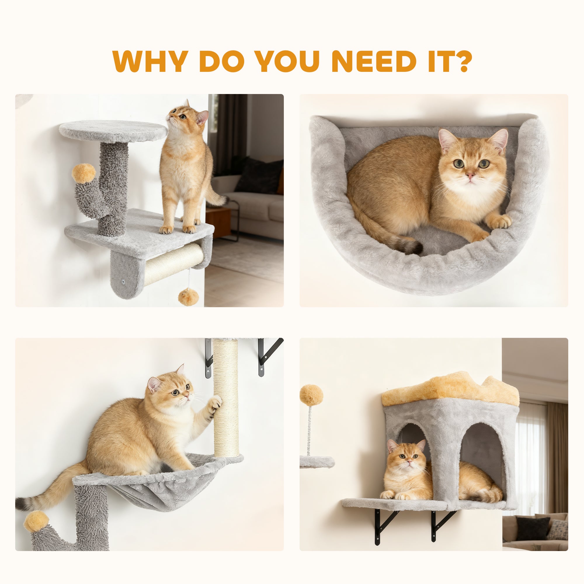 Cat Wall Shelves, 4 Pcs Cat Wall Furniture Set, Kitty Climber Set with Condo, Scratching Posts, Hammock, Bed, Hanging Pompoms for indoor kittens, Light Grey