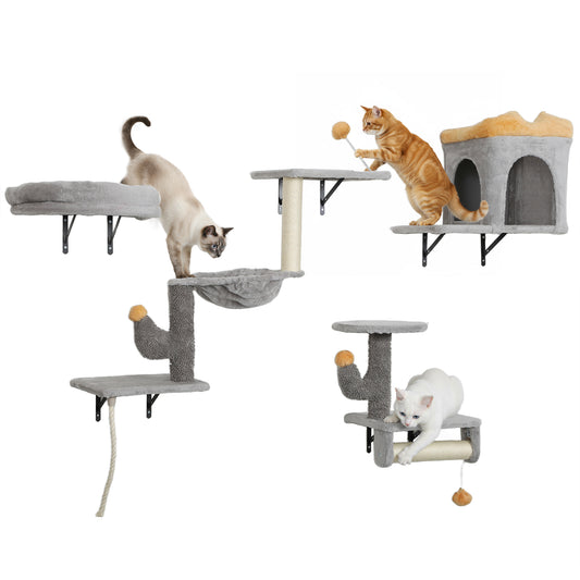 Cat Wall Shelves, 4 Pcs Cat Wall Furniture Set, Kitty Climber Set with Condo, Scratching Posts, Hammock, Bed, Hanging Pompoms for indoor kittens, Light Grey