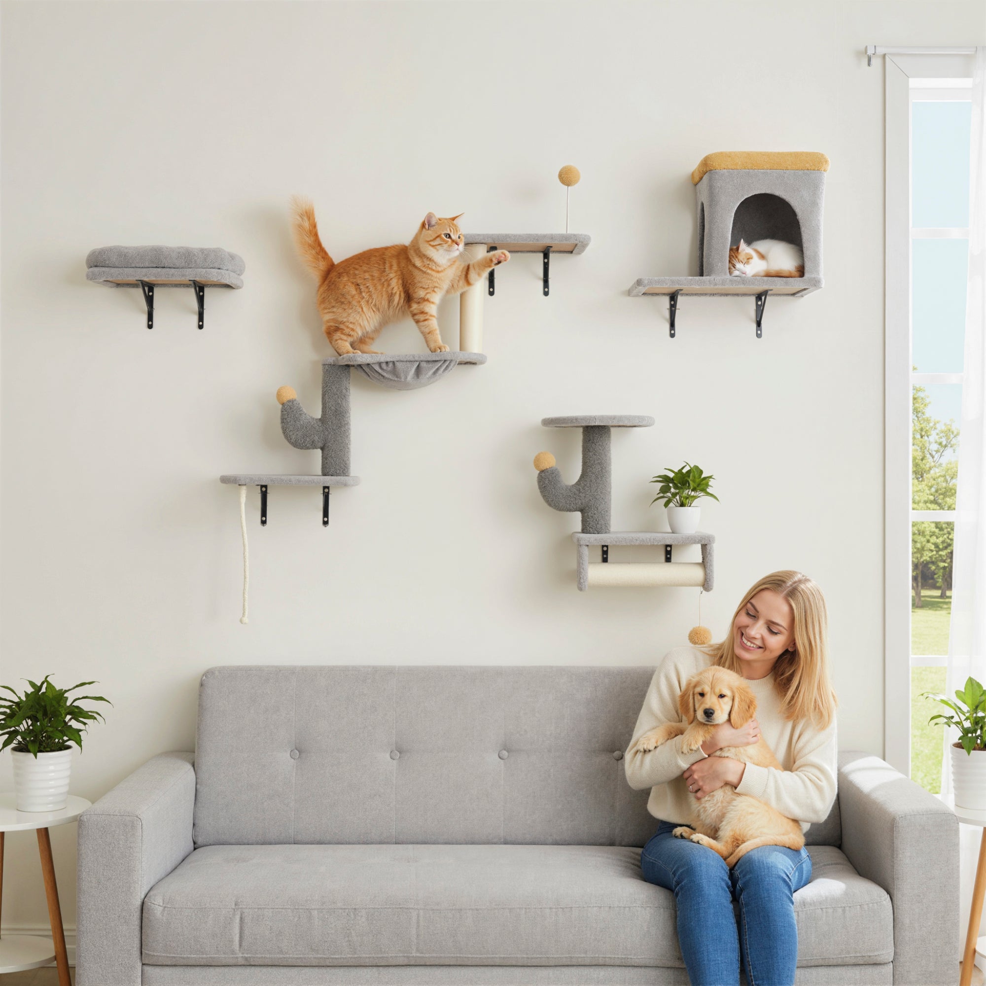 Cat Wall Shelves, 4 Pcs Cat Wall Furniture Set, Kitty Climber Set with Condo, Scratching Posts, Hammock, Bed, Hanging Pompoms for indoor kittens, Light Grey
