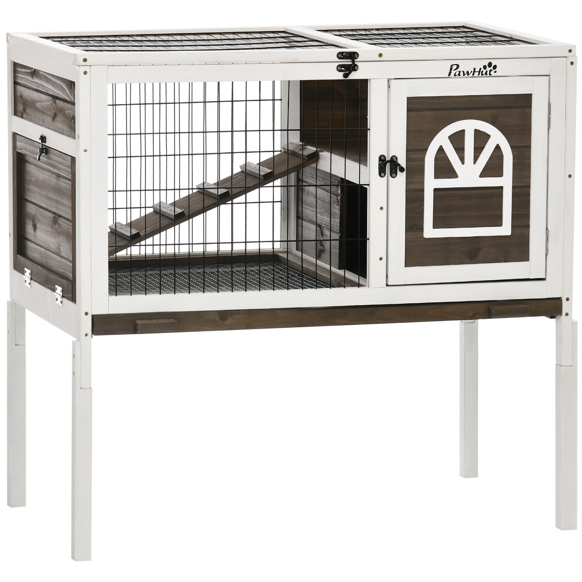 Rabbit Hutch, Indoor Elevated Bunny Cage with Run, Ladder, Slide-Out Tray and Lockable Doors, Rabbit House Guinea Pig Cage with Dual-Height Design, Coffee