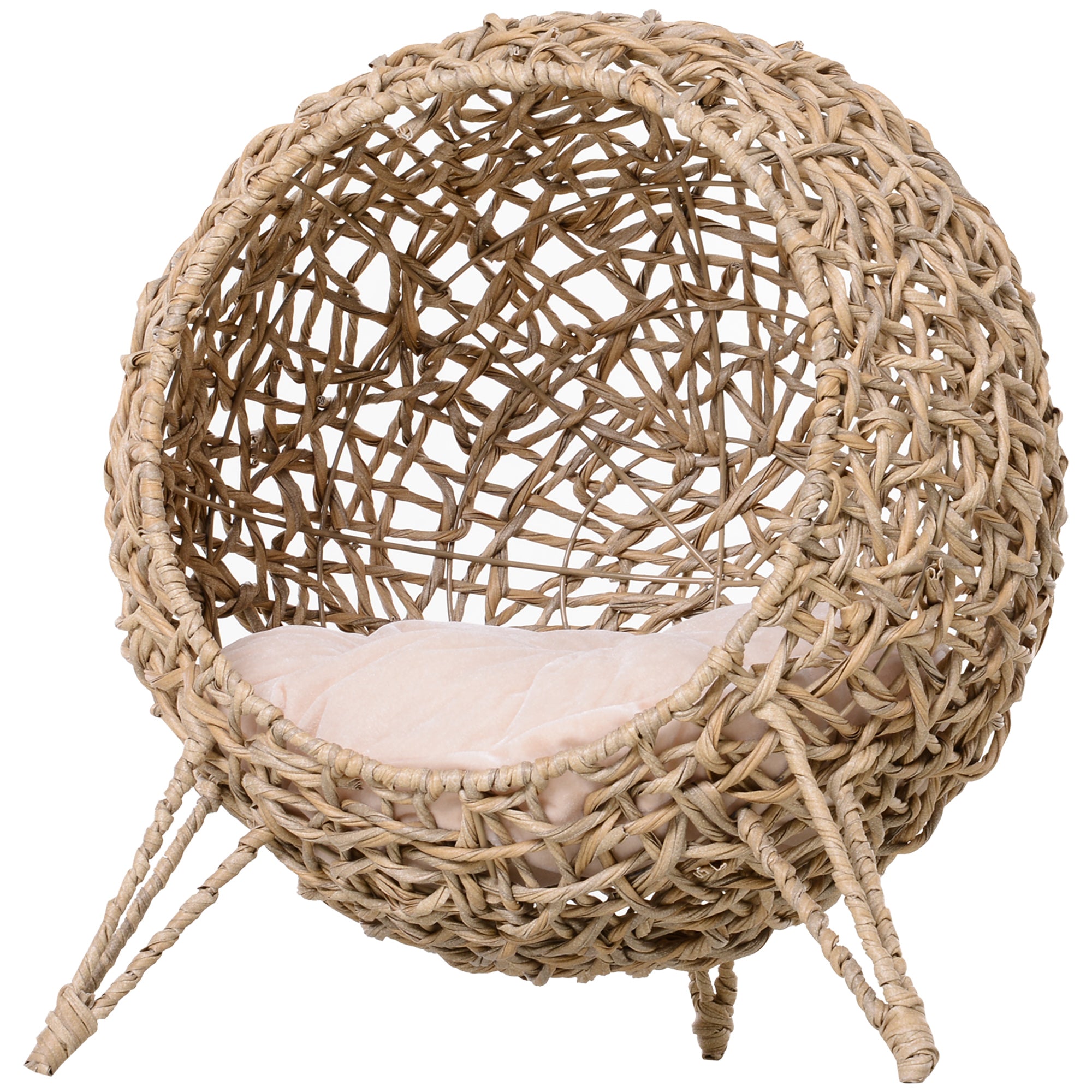 Rattan Cat House, Wicker Kitten Bed with Cushion, Elevated Pet Bed for Indoor Cats, Natural Wood