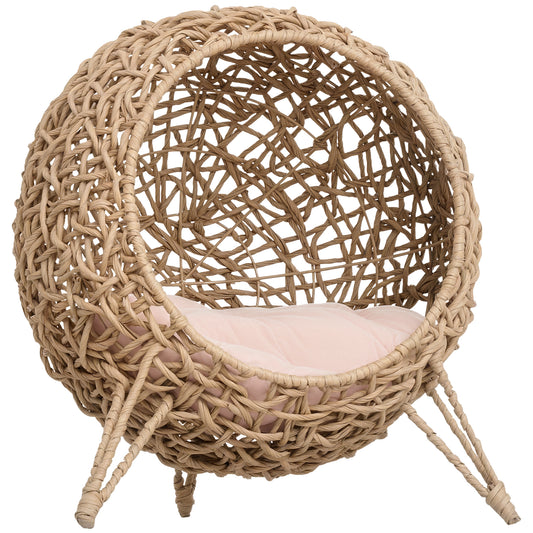 Rattan Cat House, Wicker Kitten Bed with Cushion, Elevated Pet Bed for Indoor Cats, Natural Wood