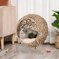 Charger l'image dans la visionneuse de la galerie, Rattan Cat House, Wicker Kitten Bed with Cushion, Elevated Pet Bed for Indoor Cats, Natural Wood
