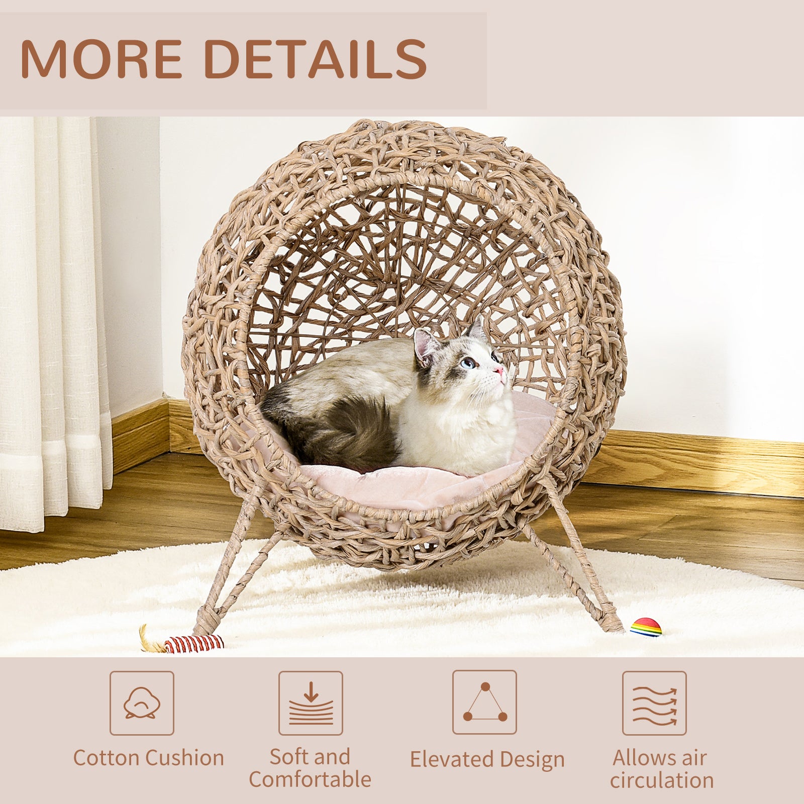 Rattan Cat House, Wicker Kitten Bed with Cushion, Elevated Pet Bed for Indoor Cats, Natural Wood