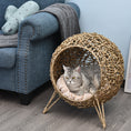 Charger l'image dans la visionneuse de la galerie, Rattan Cat House, Wicker Kitten Bed with Cushion, Elevated Pet Bed for Indoor Cats, Natural Wood
