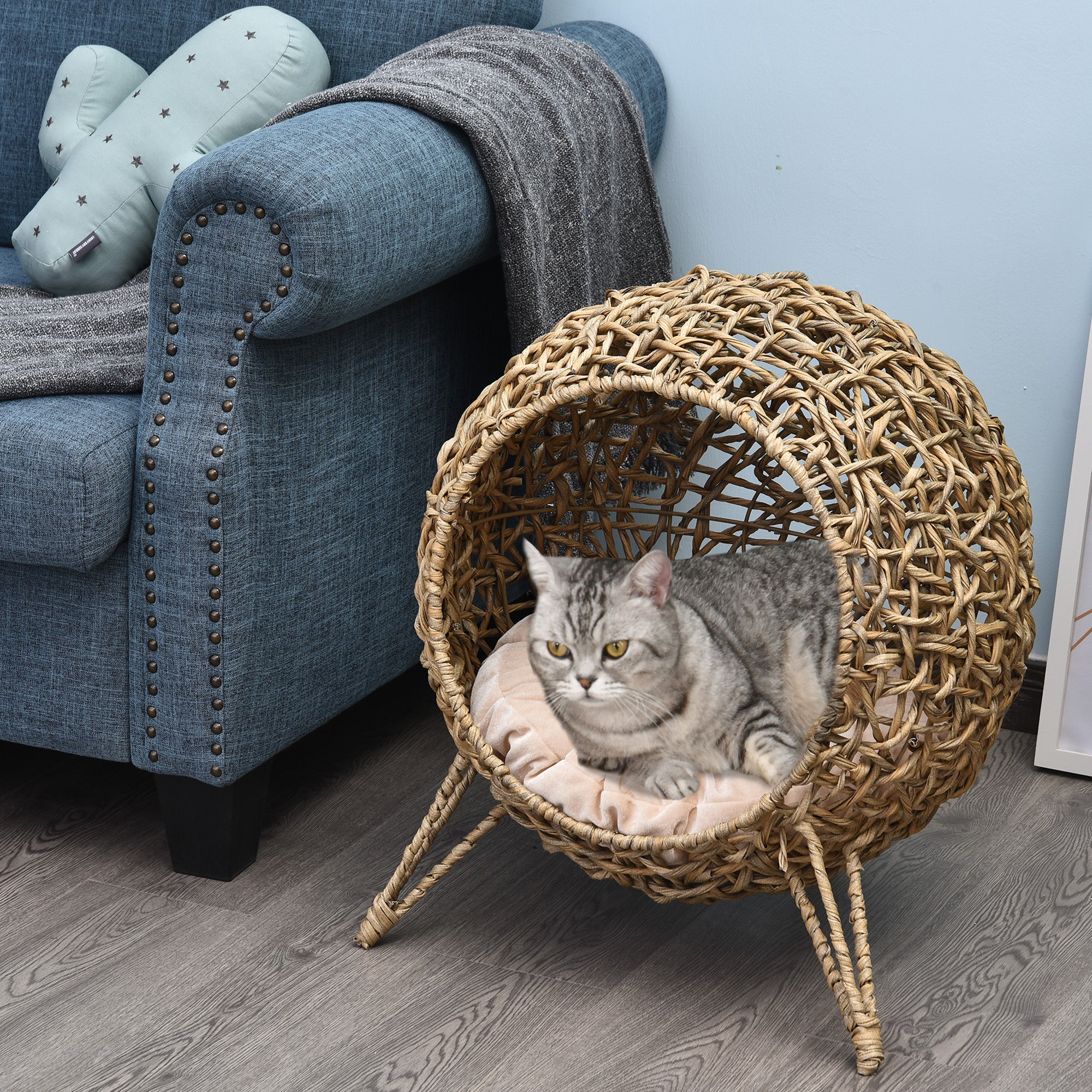 Rattan Cat House, Wicker Kitten Bed with Cushion, Elevated Pet Bed for Indoor Cats, Natural Wood