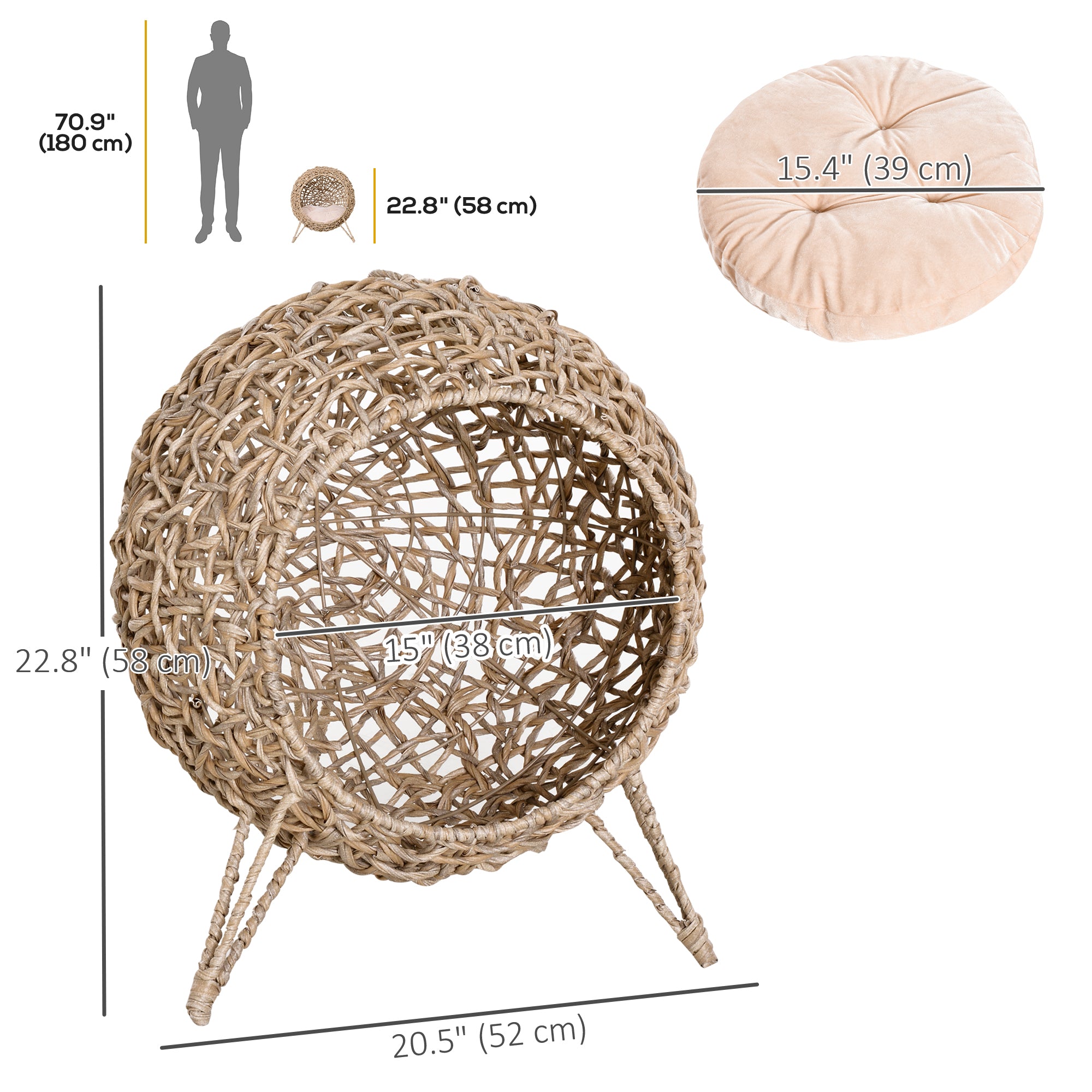 Rattan Cat House, Wicker Kitten Bed with Cushion, Elevated Pet Bed for Indoor Cats, Natural Wood