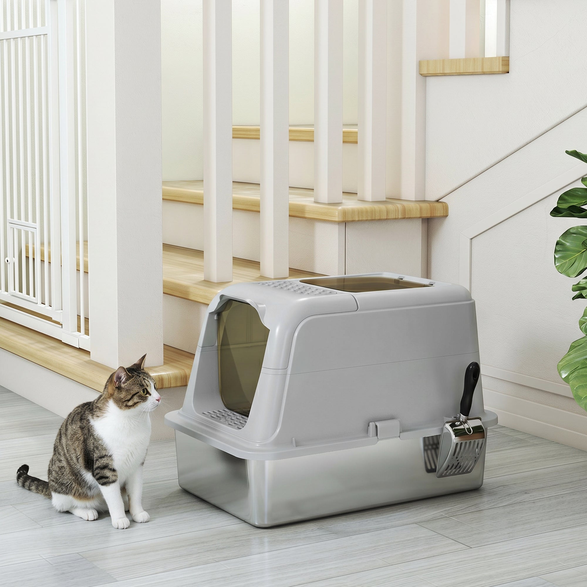 Stainless Steel Litter Box with Lid, Extra Large Hooded Cat Litter Tray for Big Cats with Front-Entry and Top-Exit, Metal Scoop, Deodorizer Bag, Non-Sticky, Odour Control and Easy Clean