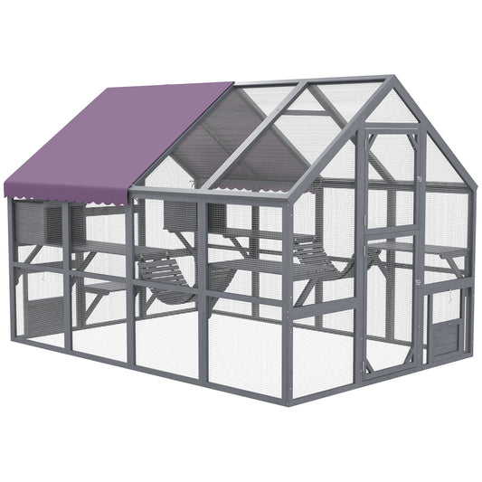 Catio Outdoor Cat Enclosure Wooden Feral House with Weatherproof Canopy, Bridges, Resting Boxes, Platforms, for 3-6 Cats, Grey