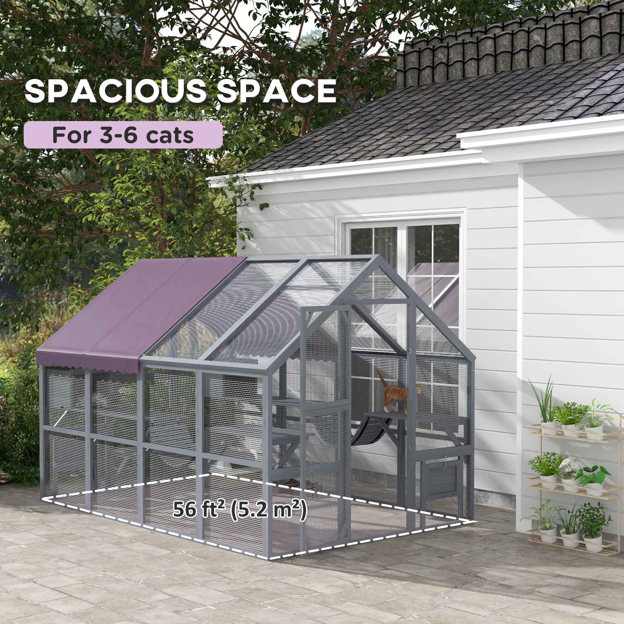 Catio Outdoor Cat Enclosure Wooden Feral House with Weatherproof Canopy, Bridges, Resting Boxes, Platforms, for 3-6 Cats, Grey