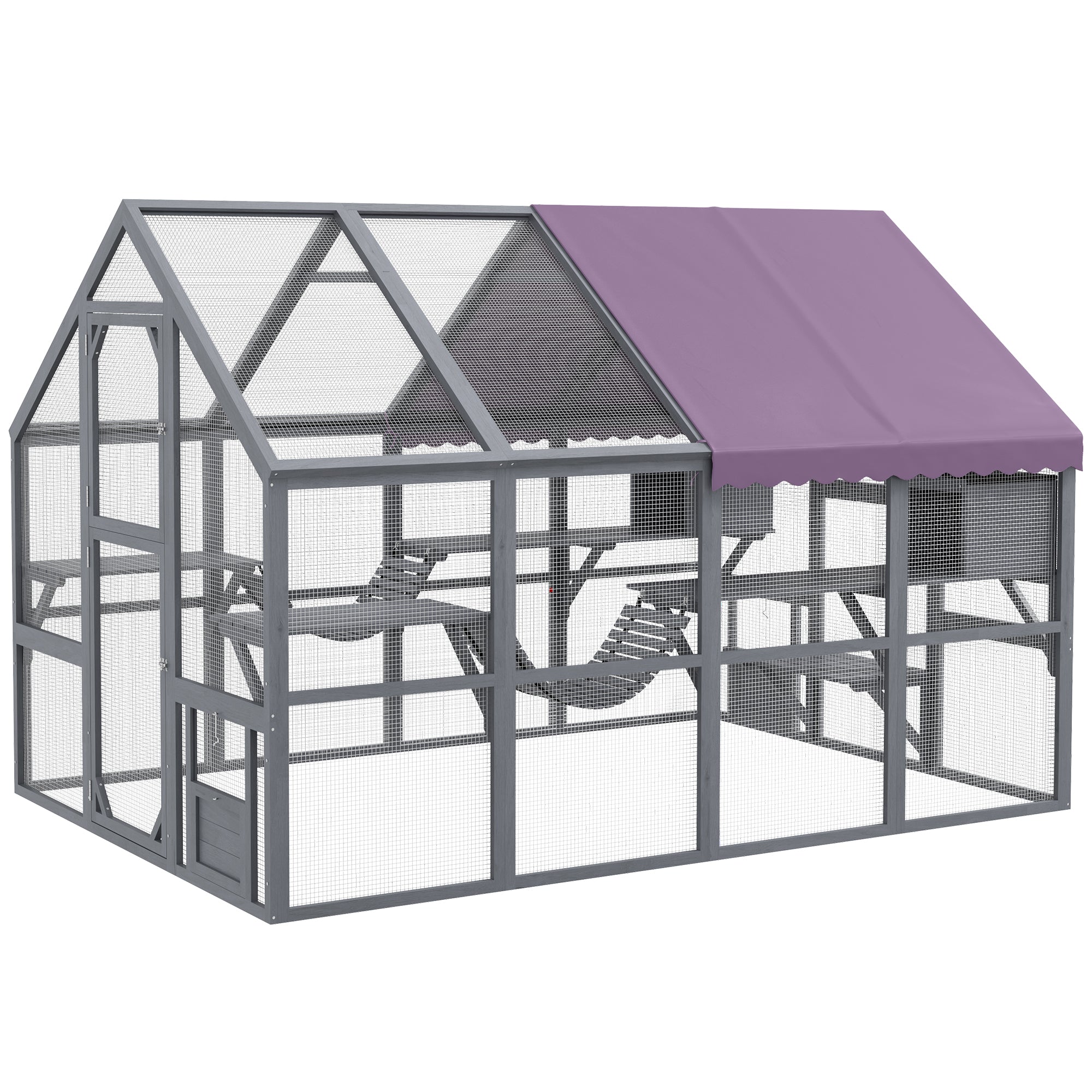 Catio Outdoor Cat Enclosure Wooden Feral House with Weatherproof Canopy, Bridges, Resting Boxes, Platforms, for 3-6 Cats, Grey