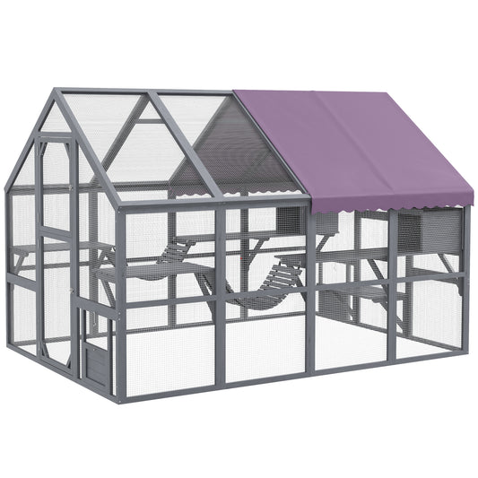 Catio Outdoor Cat Enclosure Wooden Feral House with Weatherproof Canopy, Bridges, Resting Boxes, Platforms, for 3-6 Cats, Grey