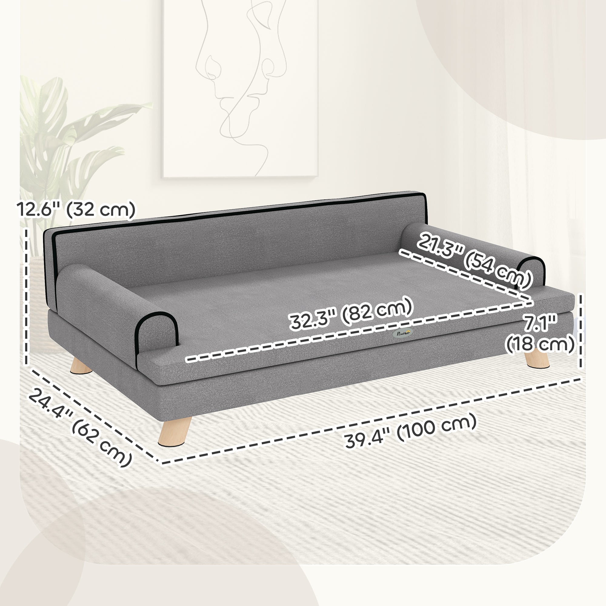 Dog Sofa, 39" Cat Couch with Removable Cushion, Washable Cover, Wooden Legs, Elevated Pet Cat Sofa for Medium & Large Dogs, Light Grey
