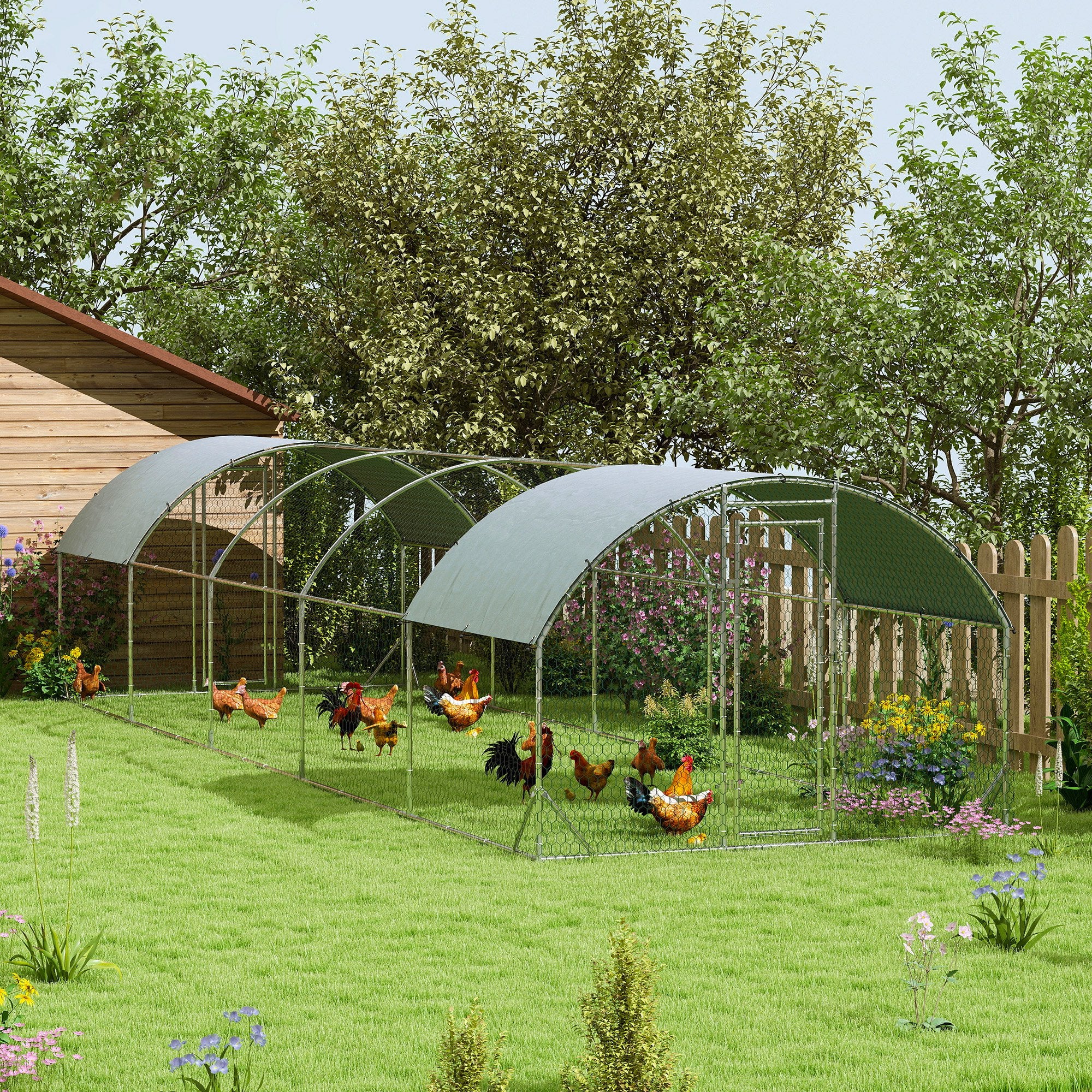 Chicken Run, Galvanized Large Metal Chicken Coop Cage, Walk-in Enclosure Poultry Hen Run House Playpen Rabbit Hutch with Dome Roof, Cover, 9.2' × 31.2' × 6.4', Silver