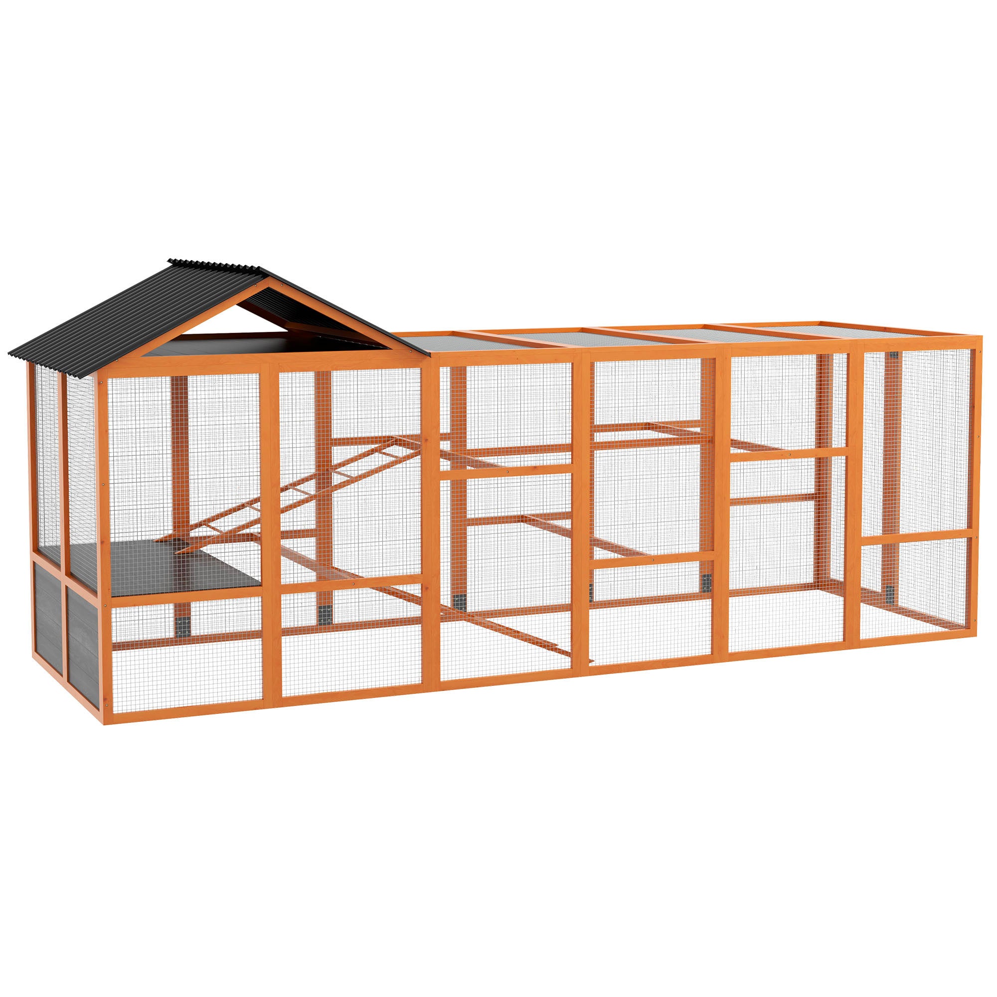 Wooden Chicken Coop Run for 6-10 Chickens, Hen House, Poultry Cage Add-On with Storage, Perches, 141.75" x 48" x 61", Orange