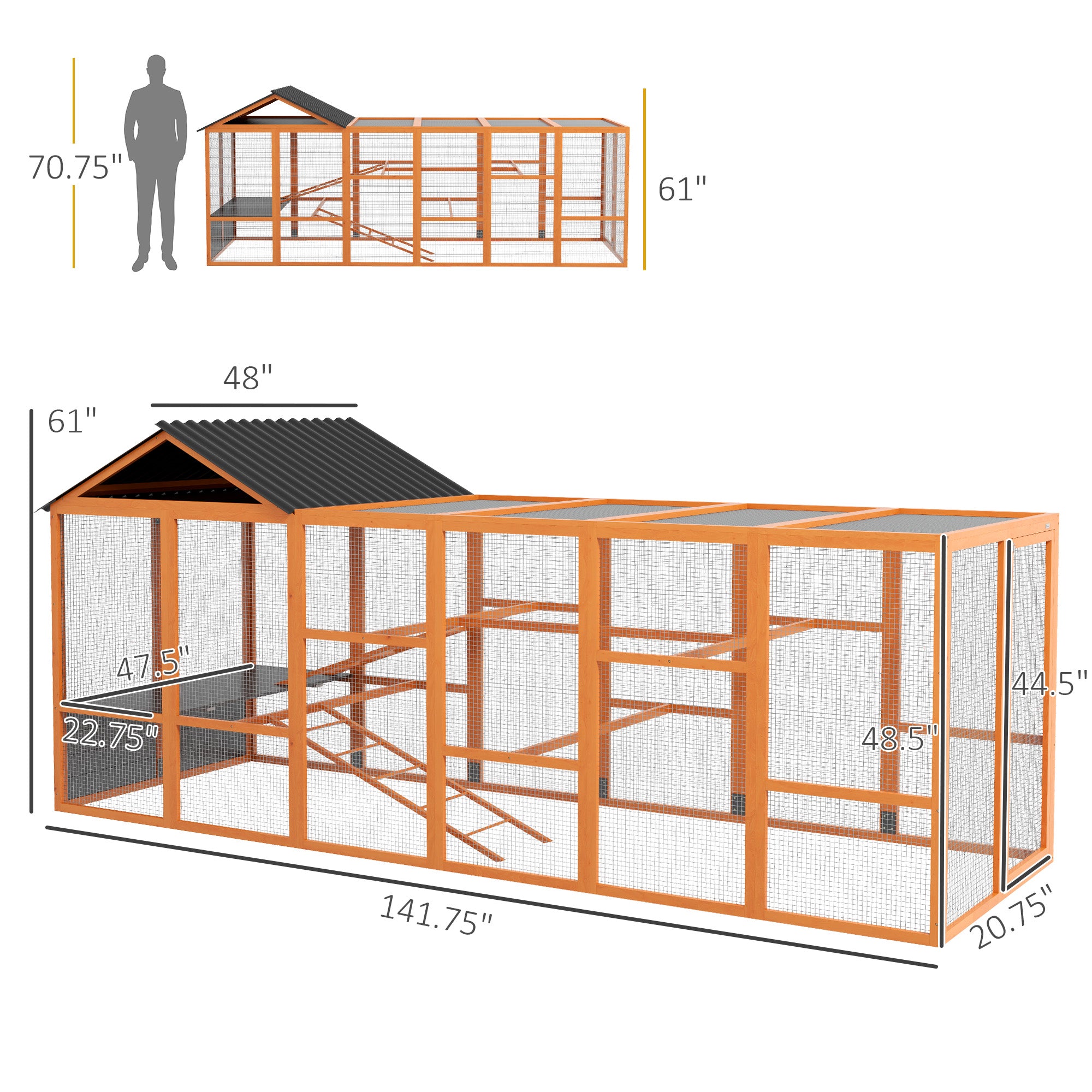 Wooden Chicken Coop Run for 6-10 Chickens, Hen House, Poultry Cage Add-On with Storage, Perches, 141.75" x 48" x 61", Orange