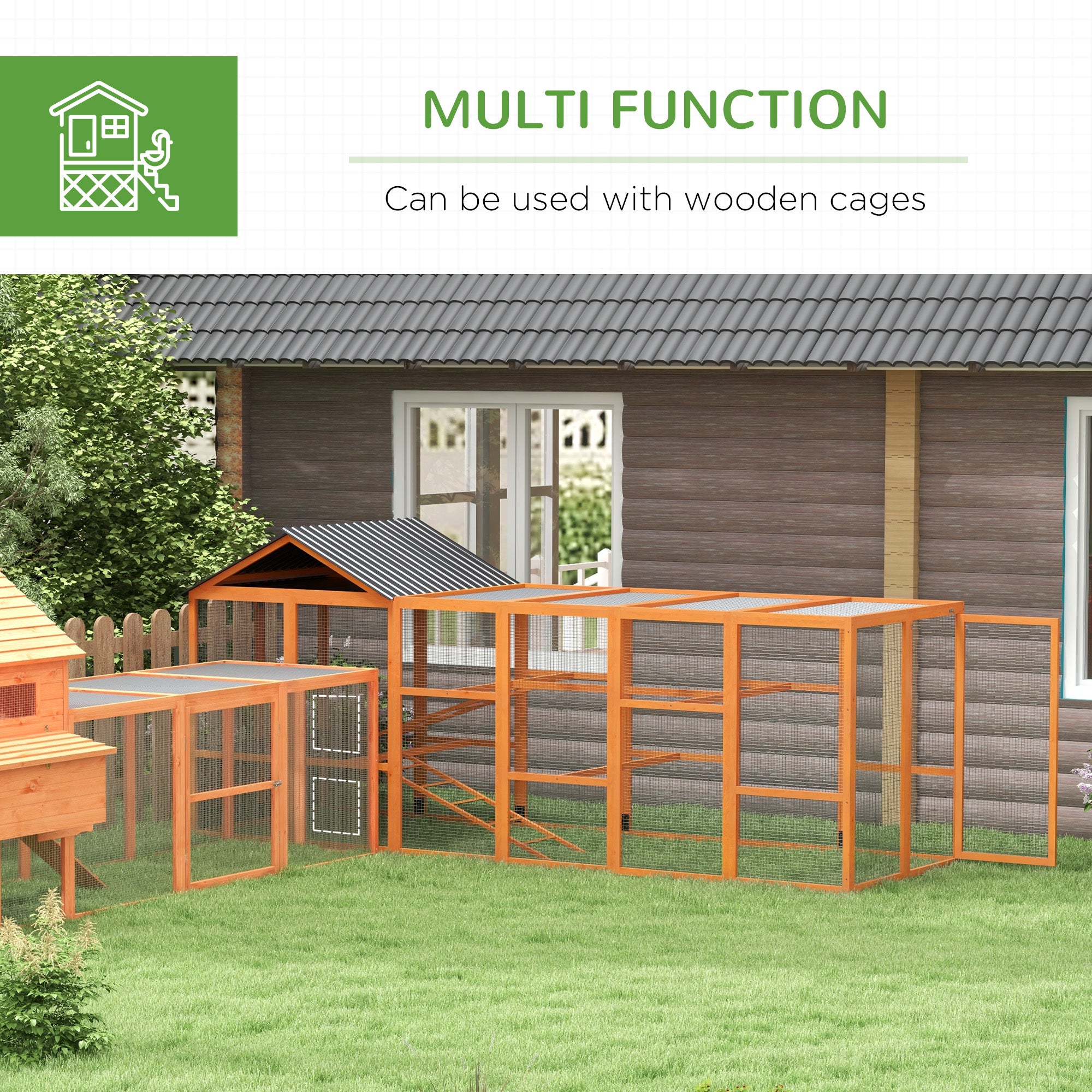 Wooden Chicken Coop Run for 6-10 Chickens, Hen House, Poultry Cage Add-On with Storage, Perches, 141.75" x 48" x 61", Orange