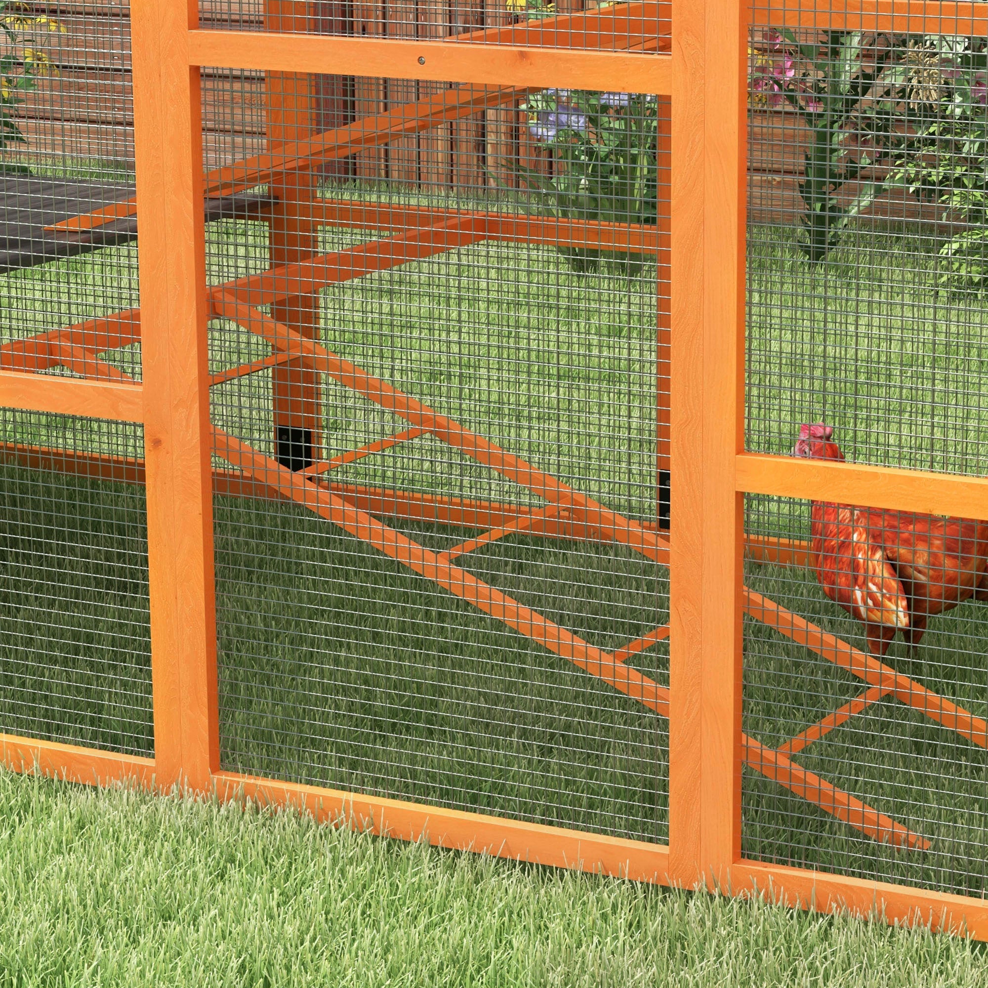 Wooden Chicken Coop Run for 6-10 Chickens, Hen House, Poultry Cage Add-On with Storage, Perches, 141.75" x 48" x 61", Orange