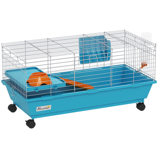 35"L Small Animal Cage, Rolling Bunny Cage, Guinea Pig Cage with Wheels, Food Dish, Water Bottle, Hay Feeder, Platform, Ramp for Chinchilla, Blue