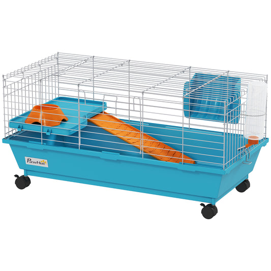 35"L Small Animal Cage, Rolling Bunny Cage, Guinea Pig Cage with Wheels, Food Dish, Water Bottle, Hay Feeder, Platform, Ramp for Chinchilla, Blue