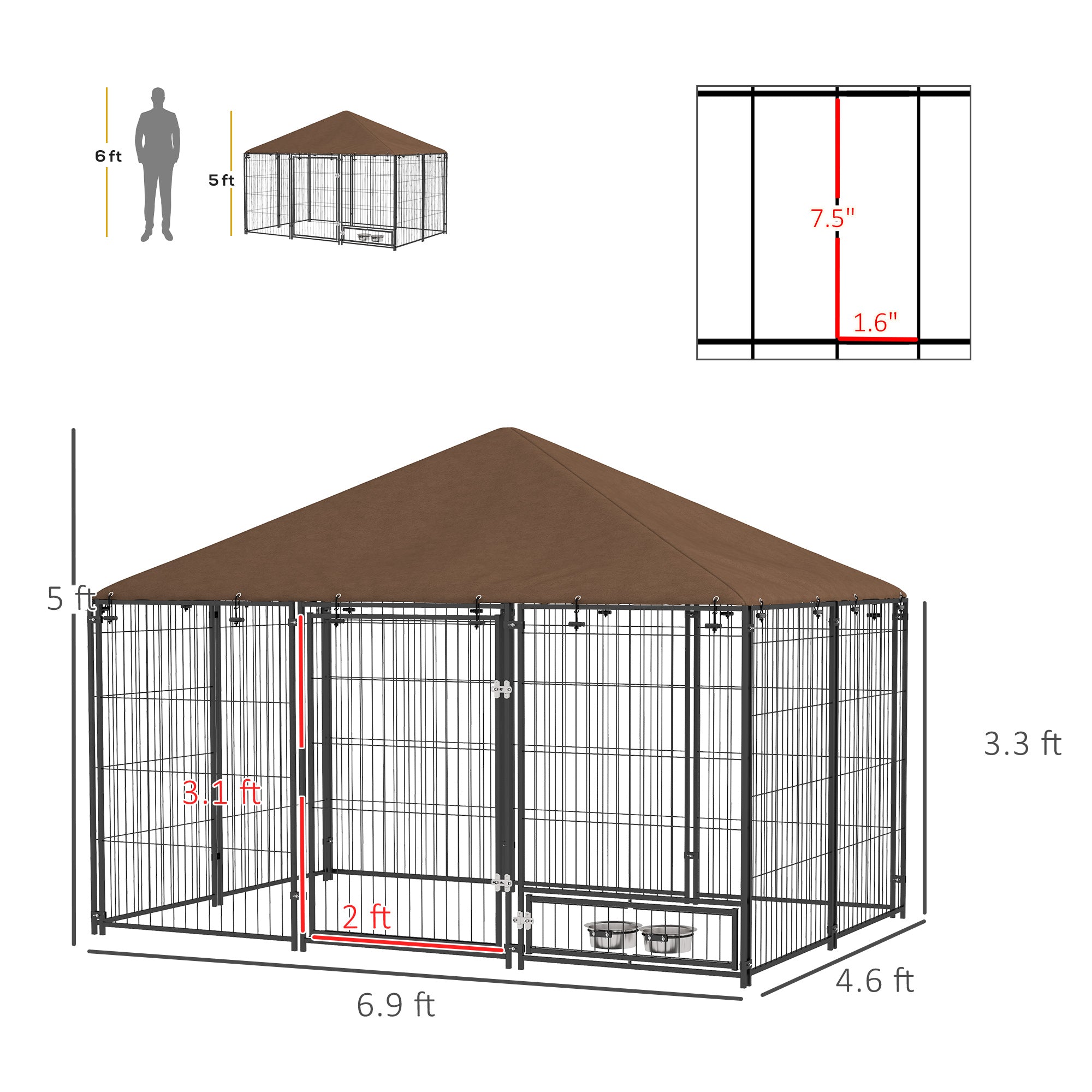 Outside Dog Kennel, 6.9' x 4.6' x 5' Puppy Play Pen with Canopy, Garden Playpen Fence Crate Enclosure Cage Rotating Bowl, for Dogs, Chickens, Ducks, Black