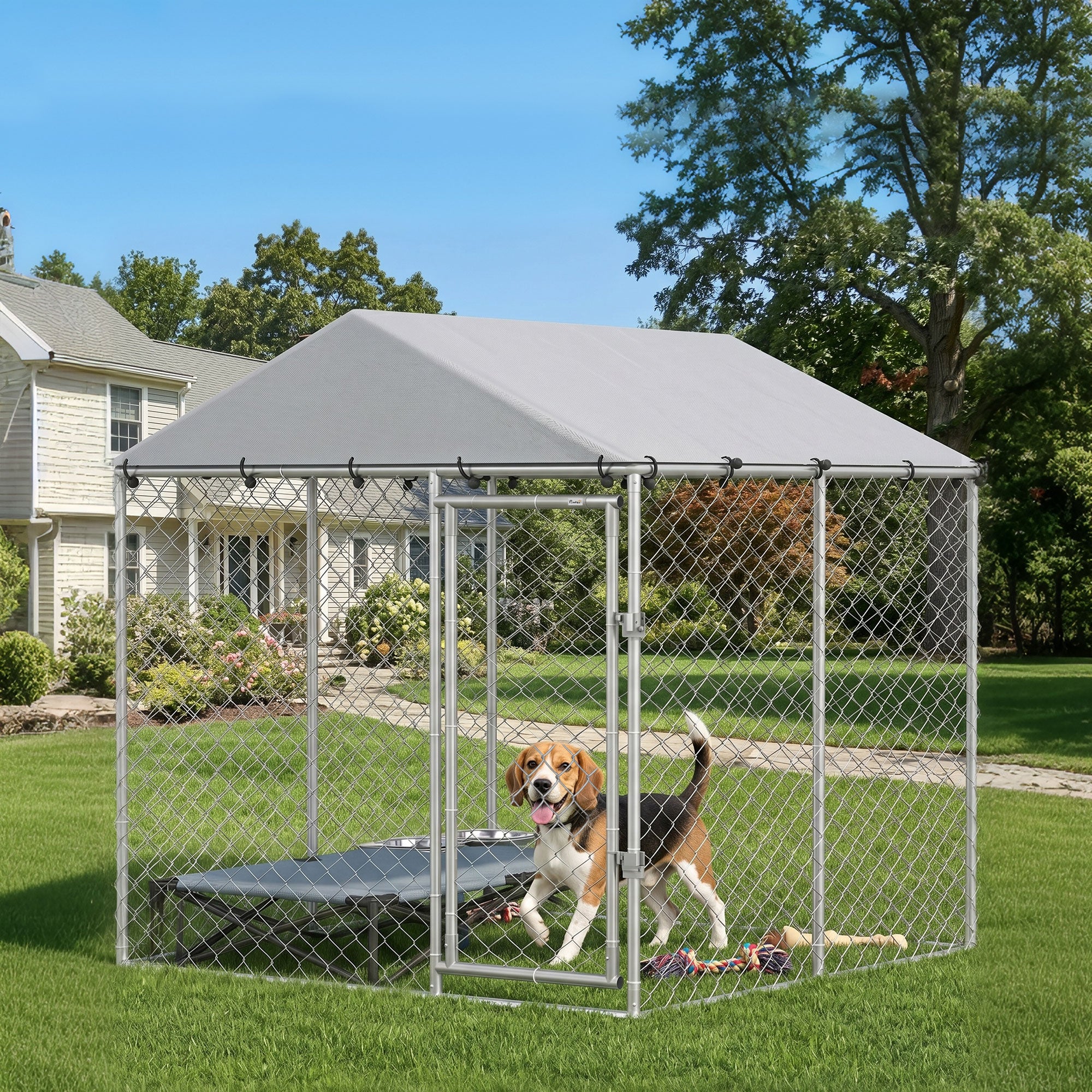 Outdoor Dog Kennel Dog Run with Water and UV Resistant Cover for Small and Medium Sized Pets, 6.6' x 6.6' x 6.6', Silver
