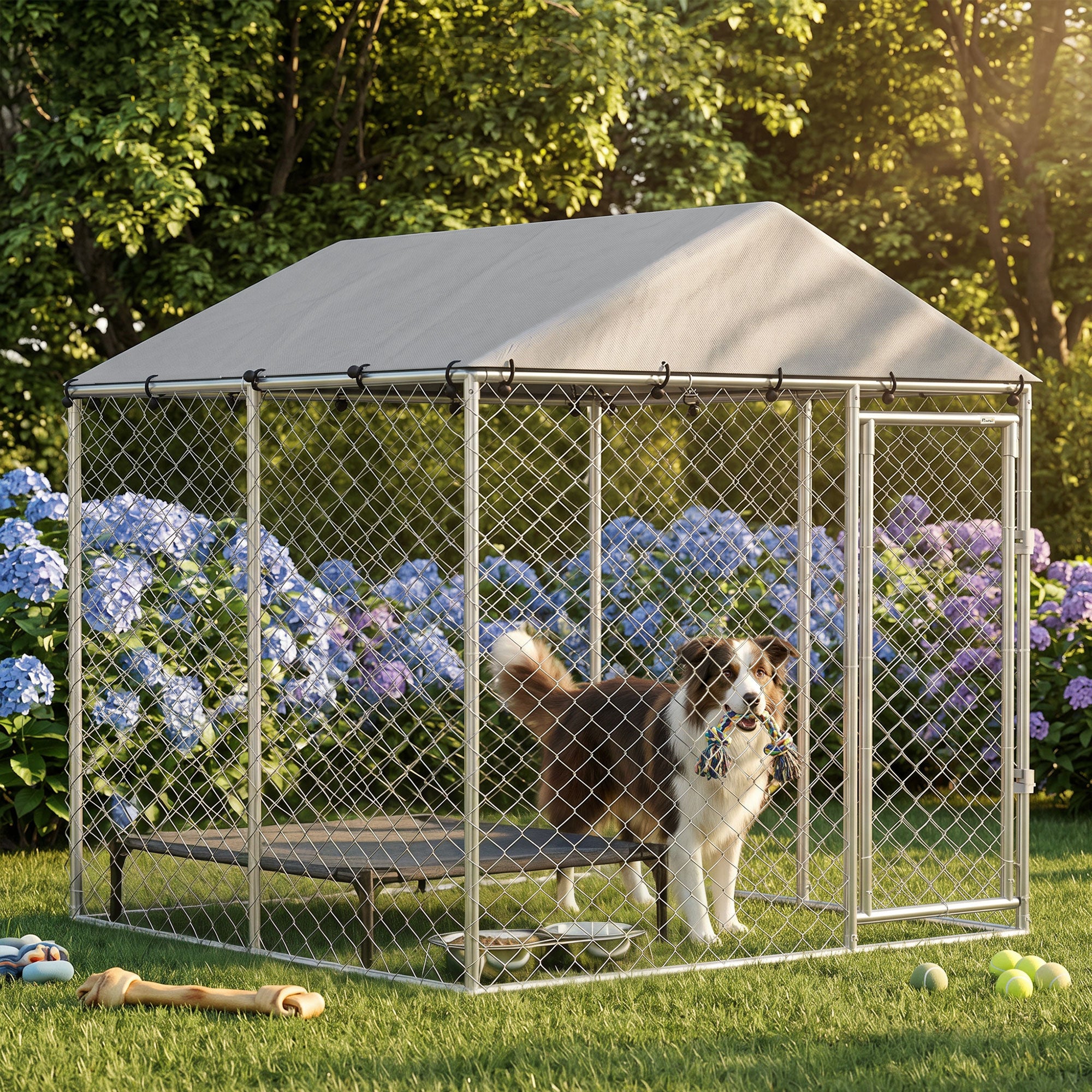 Outdoor Dog Kennel Dog Run with Water and UV Resistant Cover for Small and Medium Sized Pets, 6.6' x 6.6' x 6.6', Silver