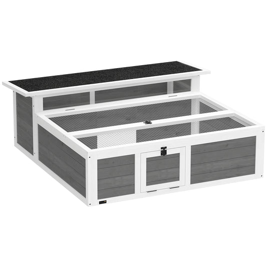 Tortoise Habitat Outdoor with Run, Wooden Tortoise Enclosure with Clear Window, Openable Top and Multiple Doors, Turtle Habitat Rabbit Hutch for Backyard, Dark Gray