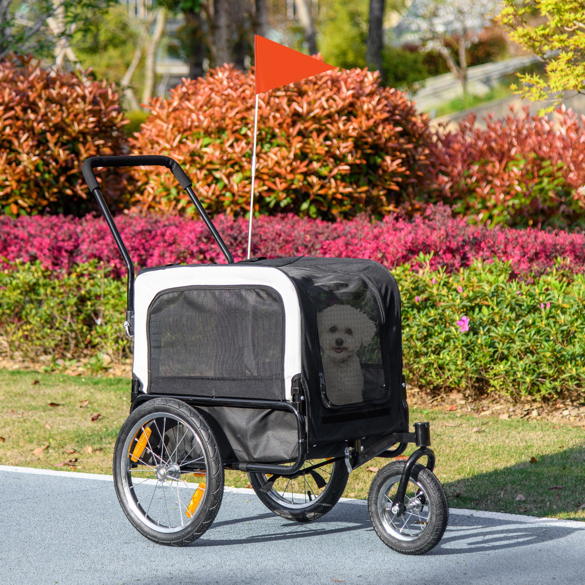 2 in 1 Dog Bike Trailer, Pet Cargo, Pet House with Safety Leash, Hitch, Quick-Release Wheels, Flag, Reflectors, Cushion, Dog Wagon for Small Dogs, Grey