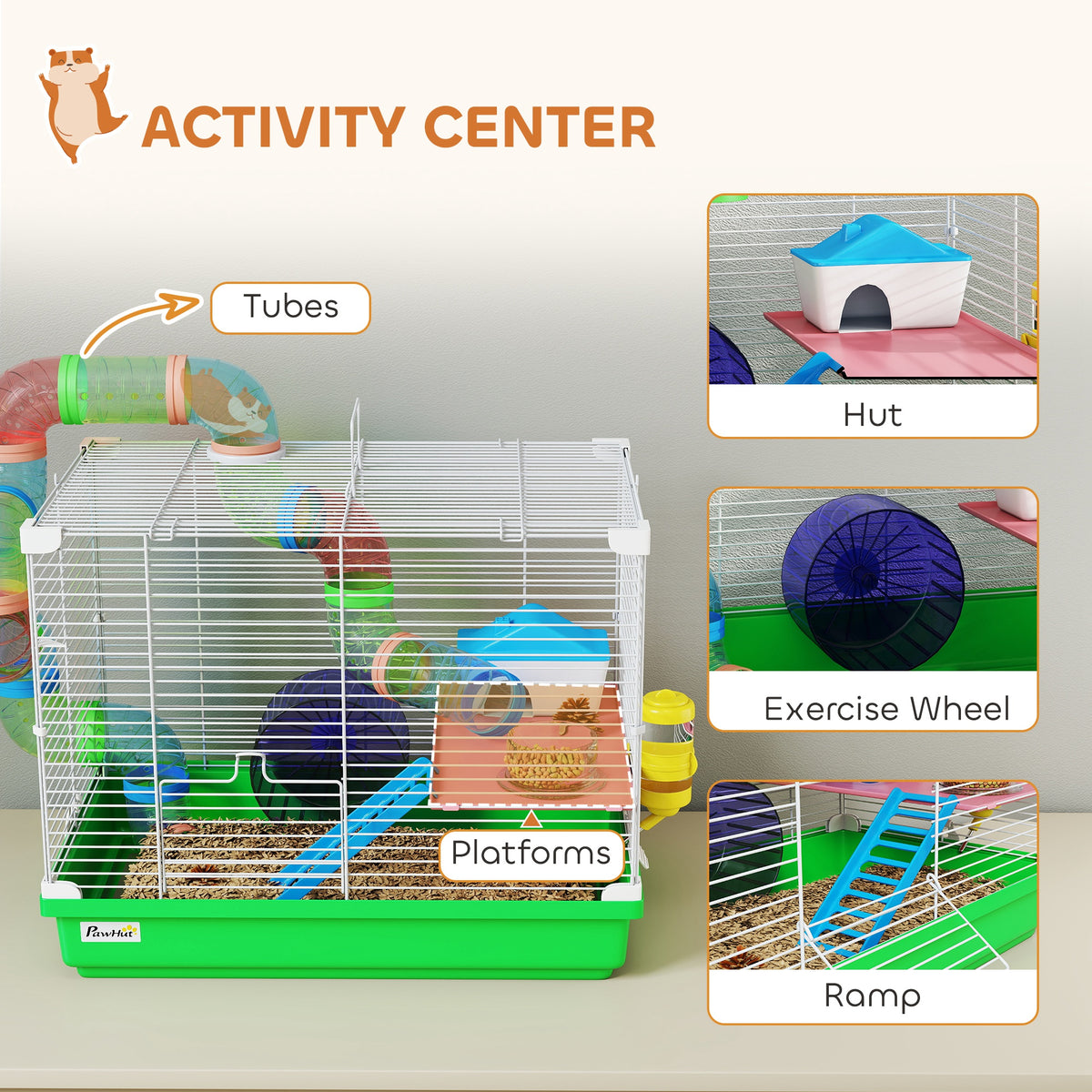 18"L Hamster Cage, Small Animal House, 2-Level Rat Gerbil Haven with Tunnel Tube System, Exercise Wheel, Water Bottle, Food Dish, Ramp, Green