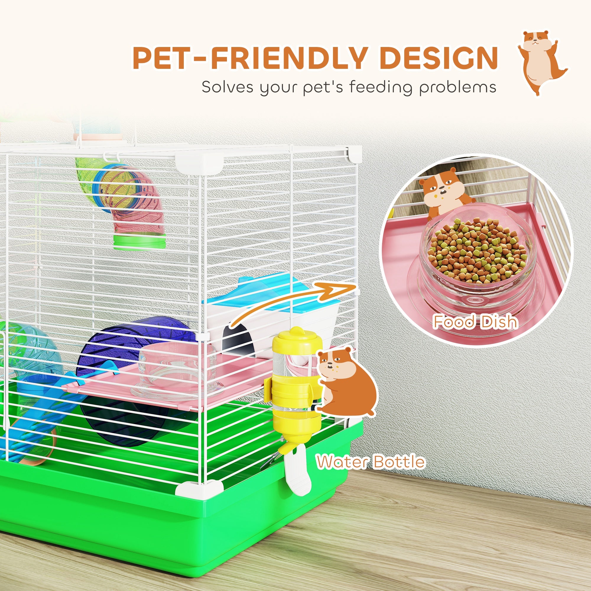 18"L Hamster Cage, Small Animal House, 2-Level Rat Gerbil Haven with Tunnel Tube System, Exercise Wheel, Water Bottle, Food Dish, Ramp, Green