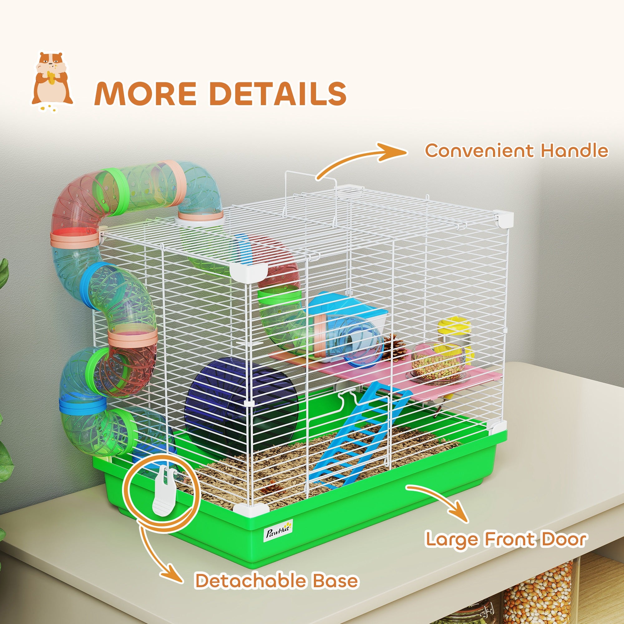18"L Hamster Cage, Small Animal House, 2-Level Rat Gerbil Haven with Tunnel Tube System, Exercise Wheel, Water Bottle, Food Dish, Ramp, Green
