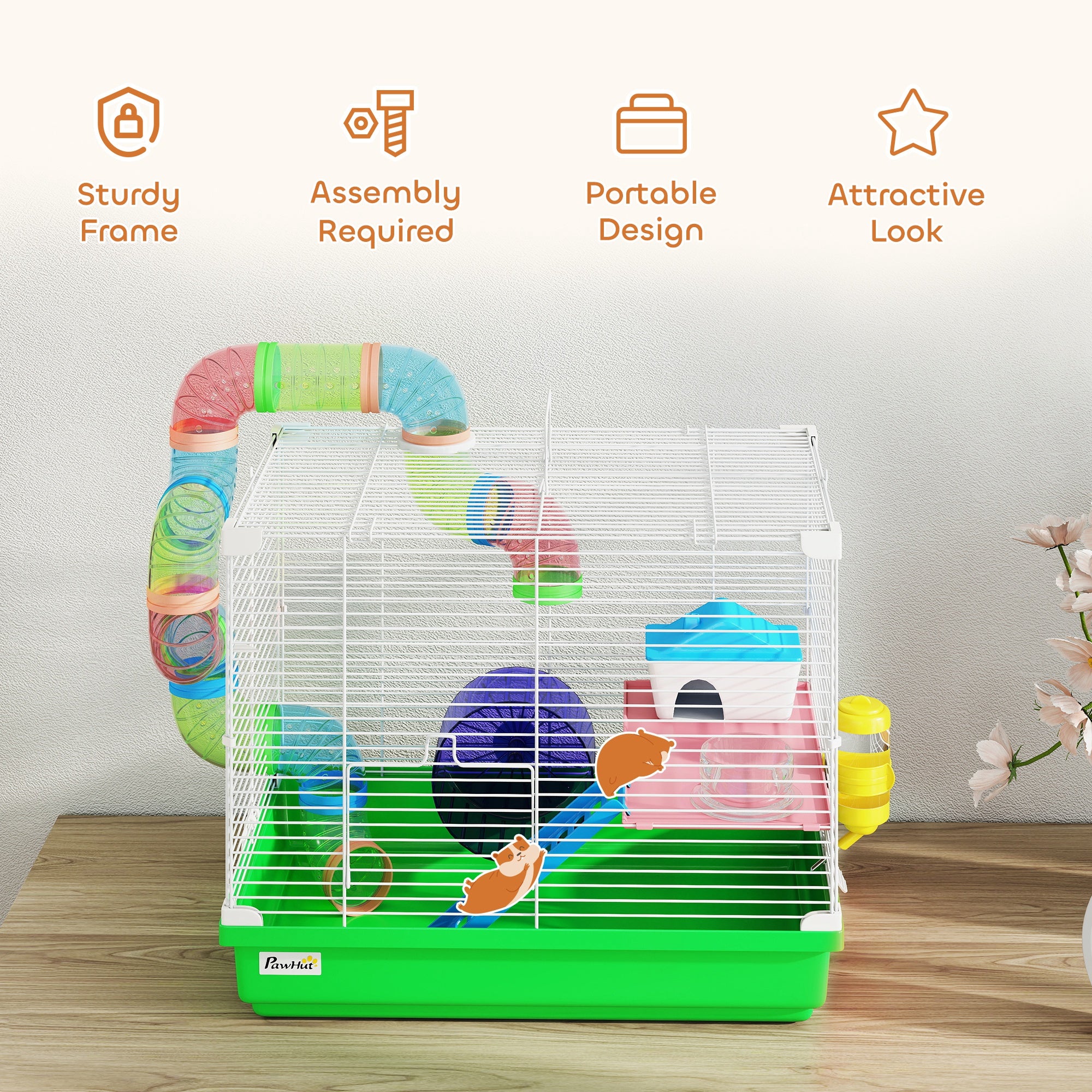 18"L Hamster Cage, Small Animal House, 2-Level Rat Gerbil Haven with Tunnel Tube System, Exercise Wheel, Water Bottle, Food Dish, Ramp, Green