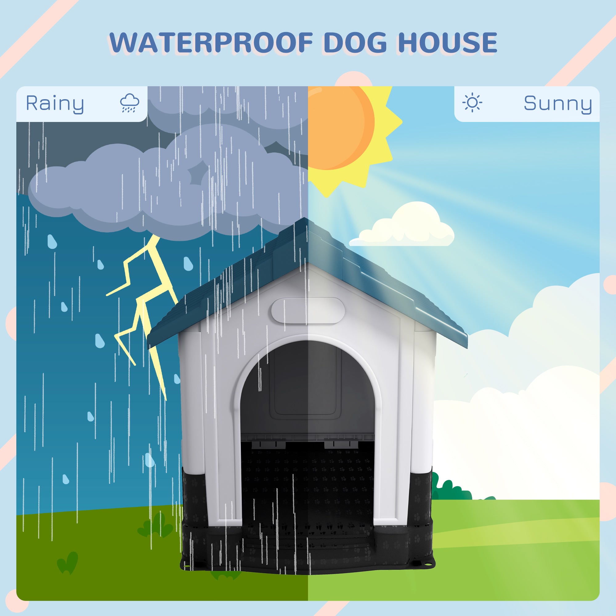 Dog Kennel for Outside, Plastic Dog House, Water-Resistant Pet Shelter with Windows, for Garden Patio, Medium and Large Dogs, 101 x 88 x 99cm - Blue