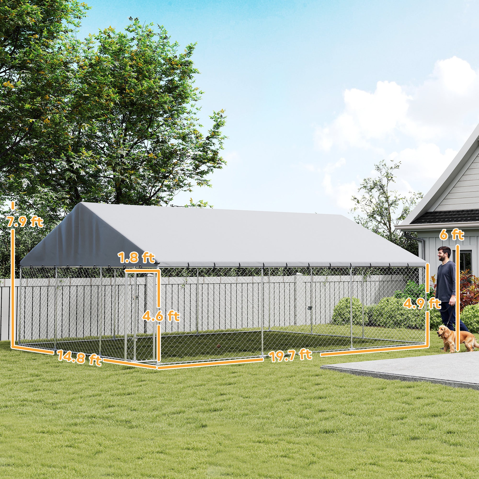 Outdoor Dog Kennel, 20' x 15' x 8', Heavy Duty Large Dog Kennel Outside w/ Waterproof Roof, Galvanized Chain Link Pet Enclosure w/ 2 Secure Locks, for Large Breed, Chicken, Duck