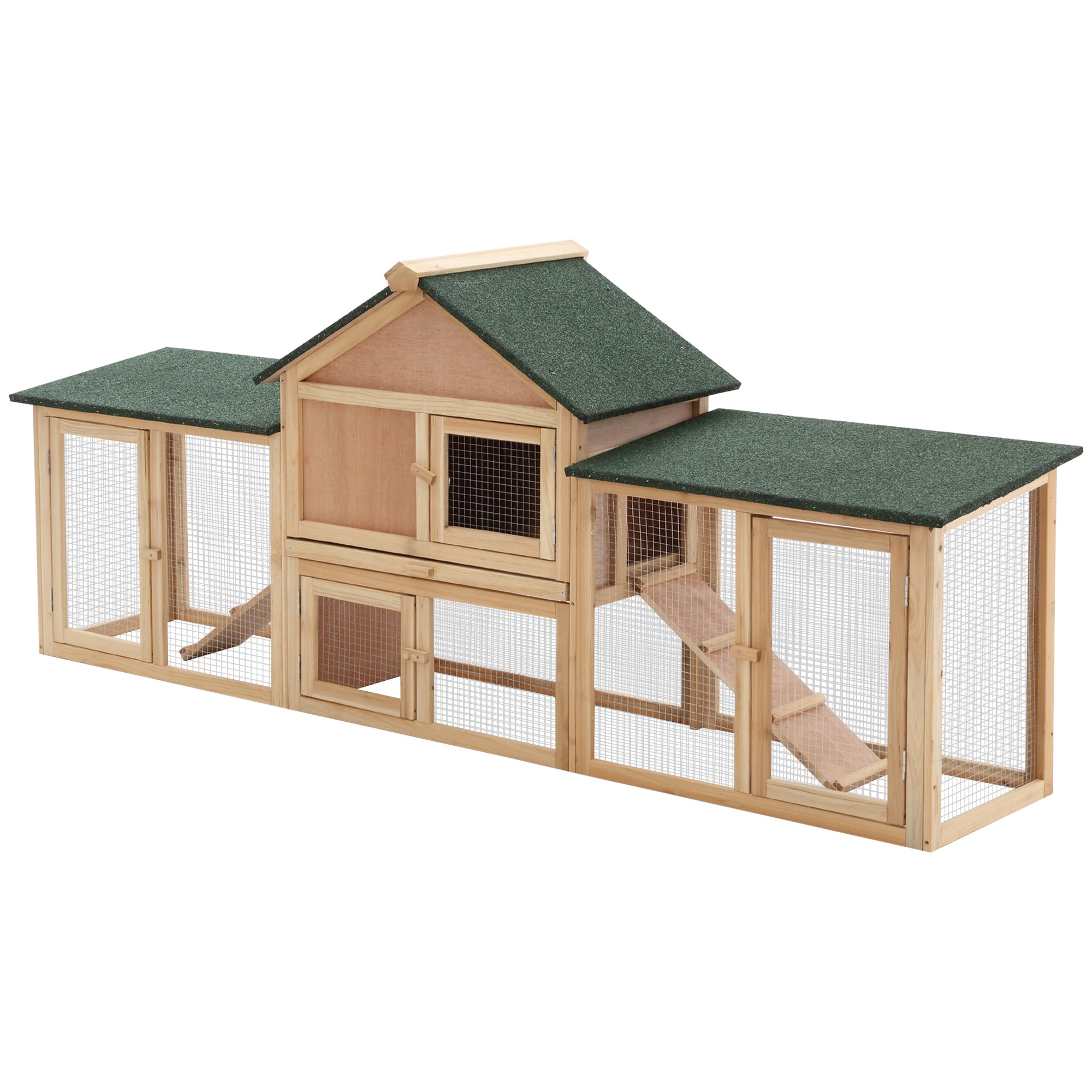 PawHut 83" L Outdoor Rabbit Hutch with Double Runs, Large Guinea Pig Cage Indoor, Wooden Bunny Hutch with Weatherproof Roof, Removable Tray, Ramps, Natural